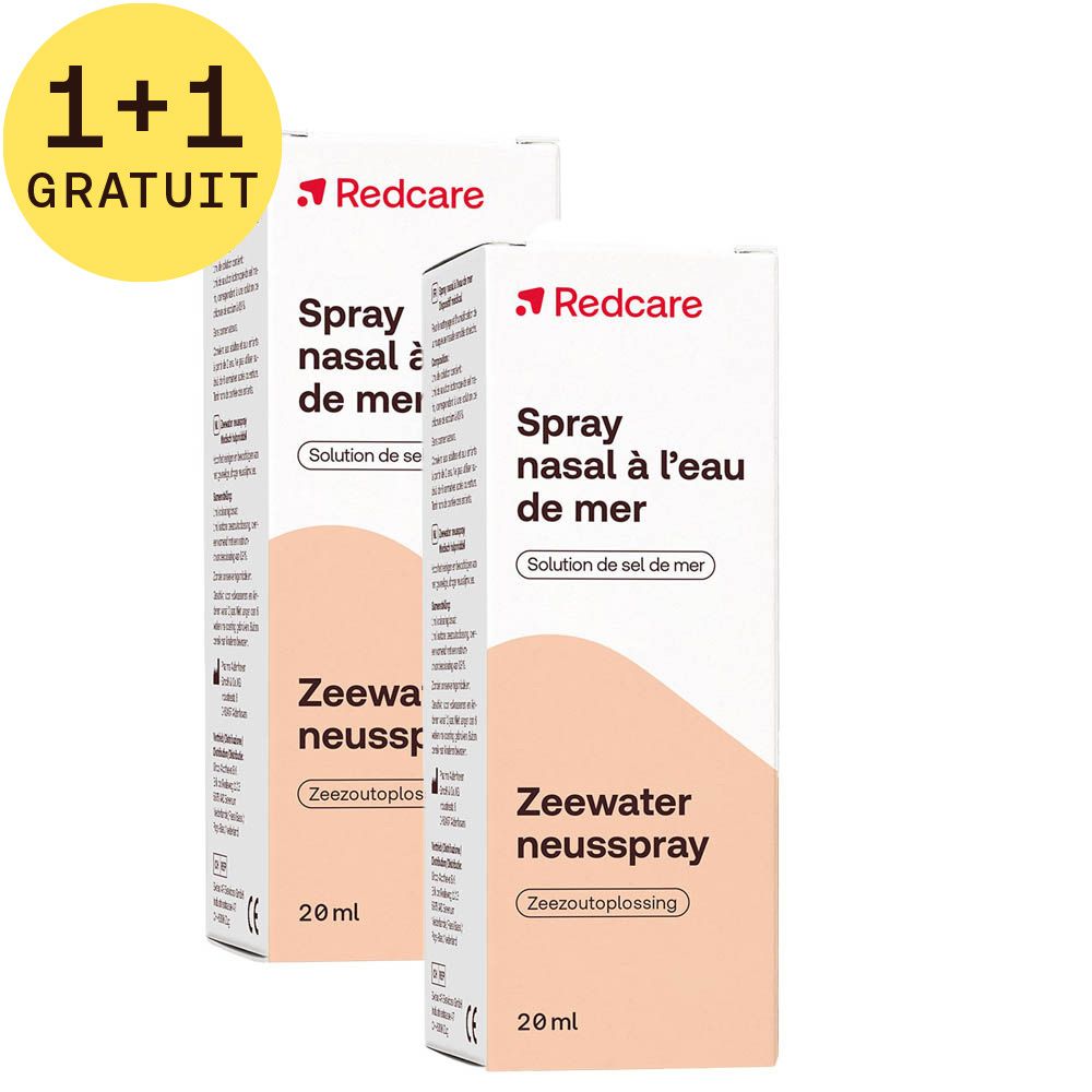 Deux boîtes blanches Redcare Spray nasal. Texte 1+1 GRATUIT. Inscription en français et néerlandais.