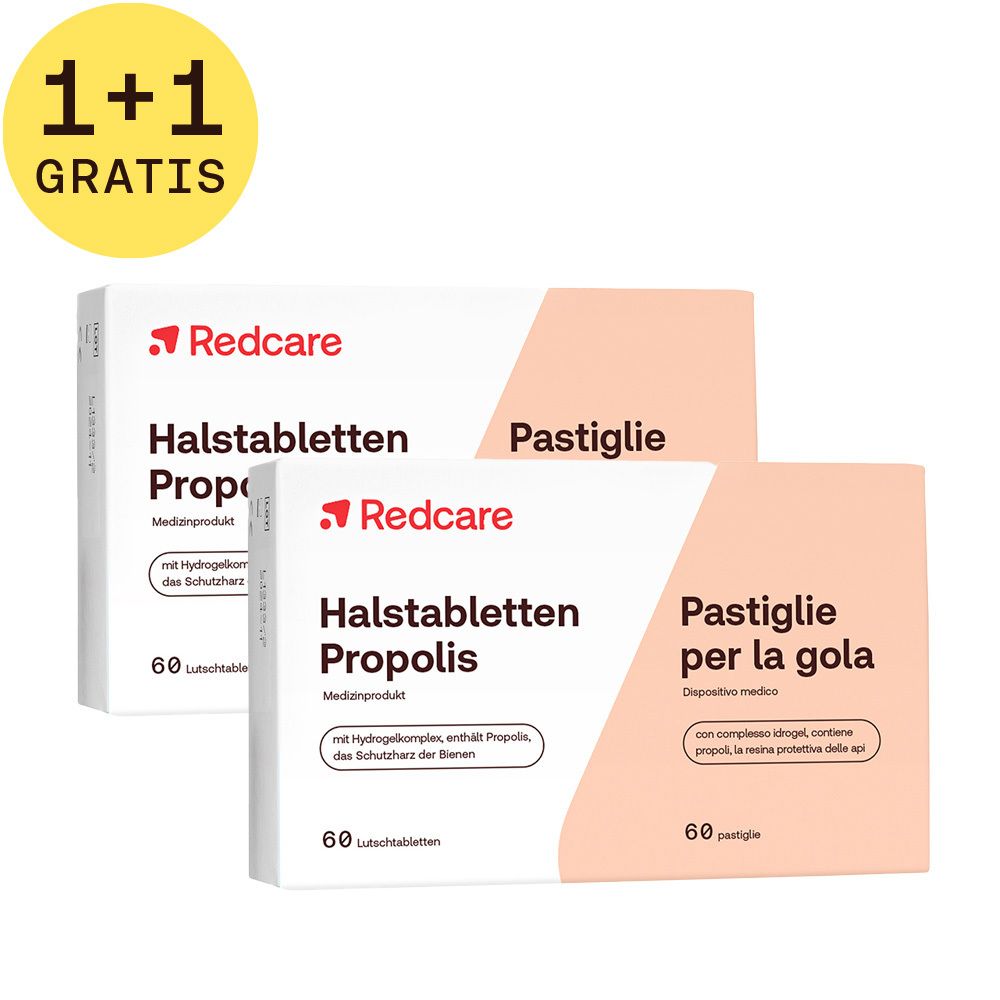 Twee verpakkingen Redcare Keeltabletten Propolis, 1+1 GRATIS. Witte dozen met productnaam en 60 zuigtabletten.