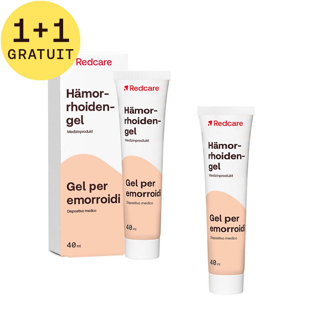 Emballage avec deux tubes de gel pour hémorroïdes, 1+1 GRATUIT. Texte rouge, cercle jaune. Dispositif médical.