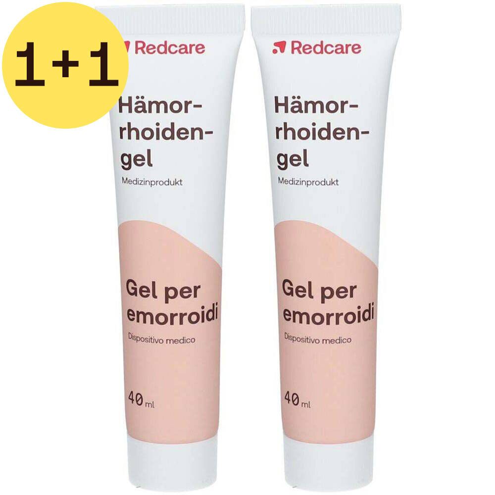 Deux tubes de gel pour hémorroïdes, offre 1+1 GRATUIT. Texte rouge, cercle jaune. Dispositif médical.