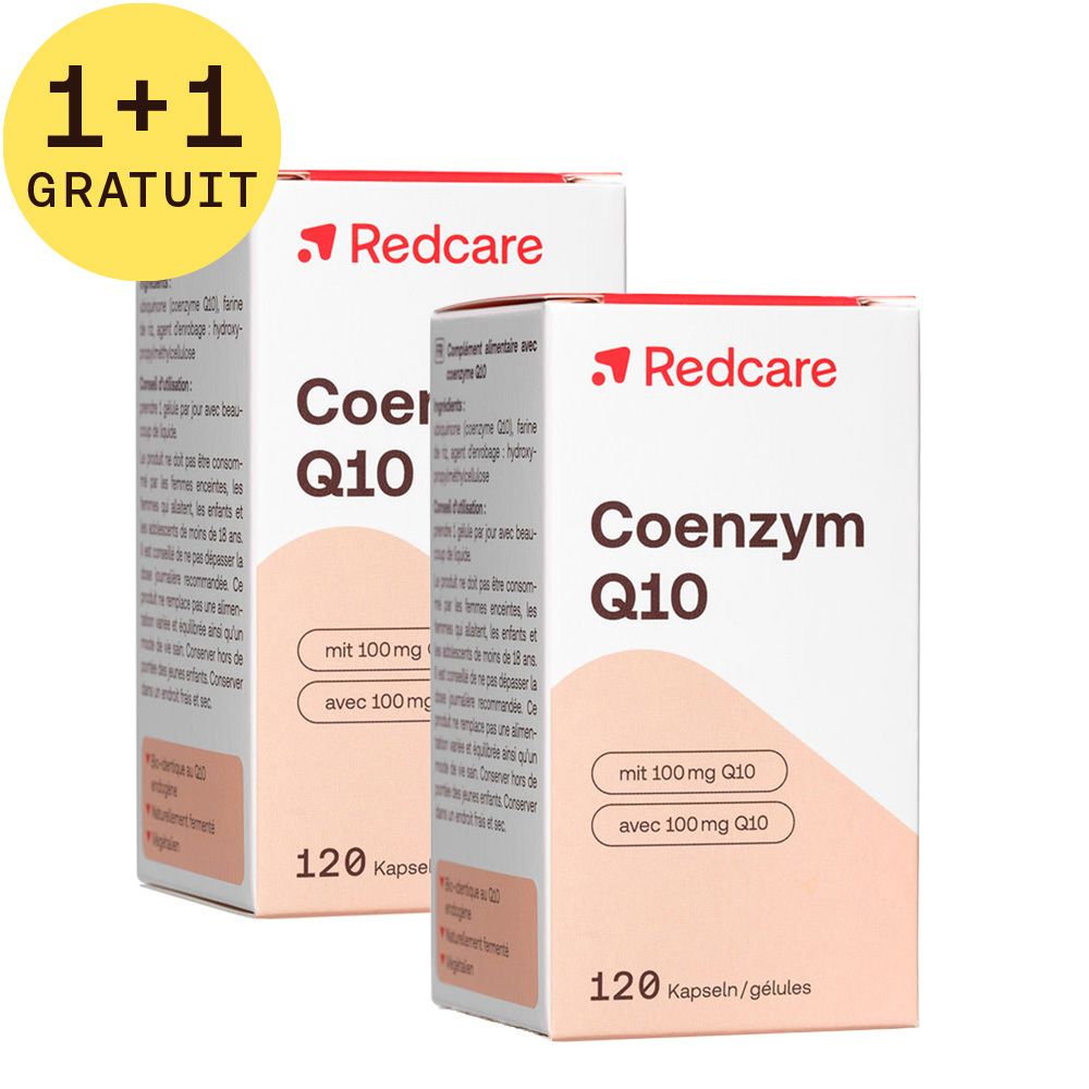 Deux boîtes de gélules. Inscription: Redcare Coenzym Q10, 120 gélules, 100mg Q10. Cercle jaune avec "1+1 GRATUIT".