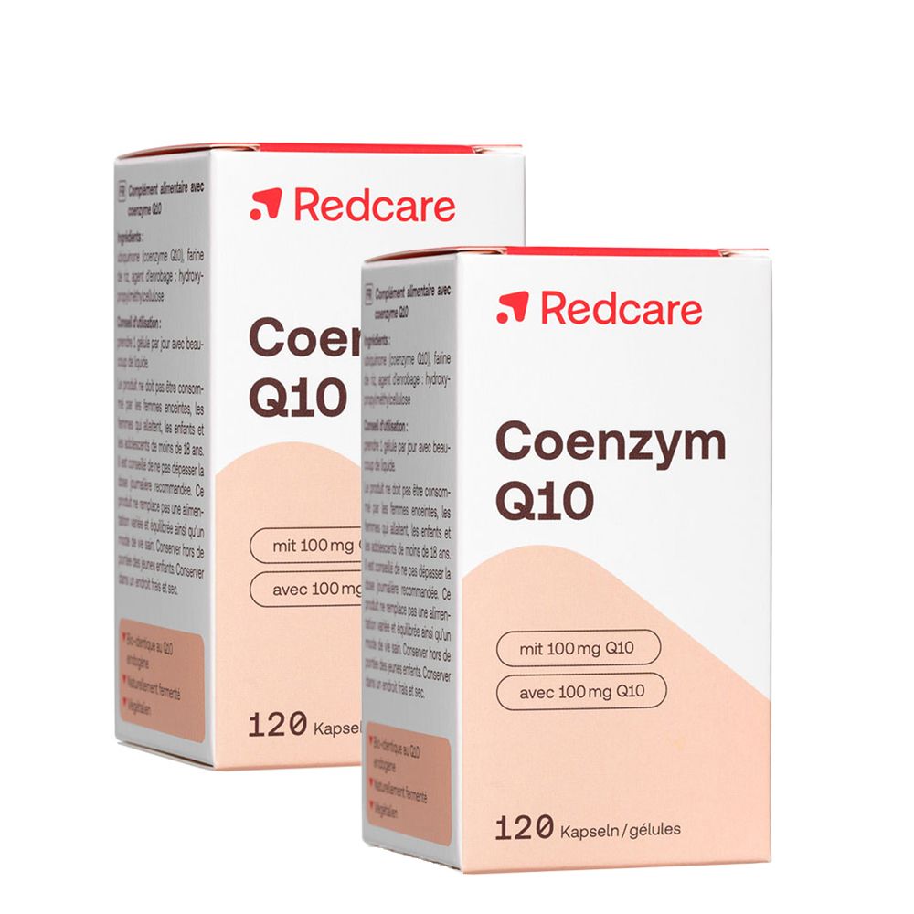 Deux boîtes de gélules. Inscription: Redcare Coenzym Q10, 120 gélules, 100mg Q10.