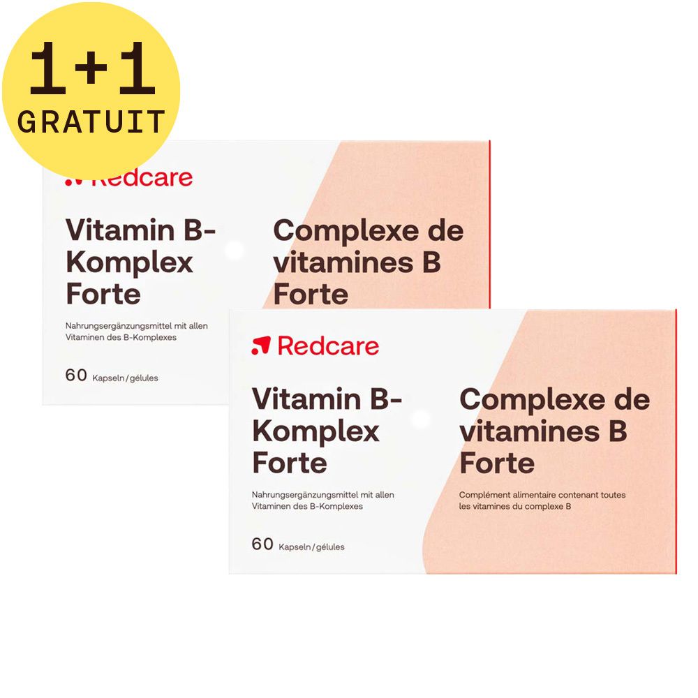 Deux boîtes de Vitamin B-Komplex Forte. Inscription: Redcare, Vitamin B-Komplex Forte, 60 capsules. 1+1 GRATUIT.