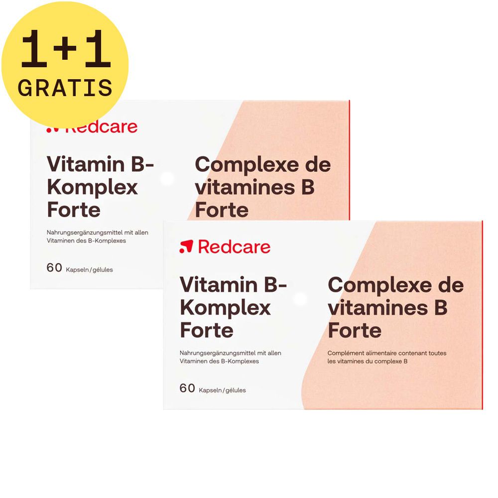 Twee verpakkingen Vitamin B-Komplex Forte. Opschrift: Redcare, Vitamin B-Komplex Forte, 60 capsules. 1+1 GRATIS.
