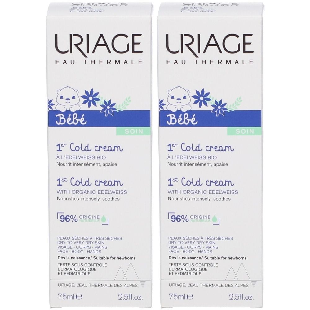 Zwei weiße Kartons mit Produktaufdruck. Oben steht URIAGE, darunter Bébé und 1st Cold Cream. Text in Französisch.
