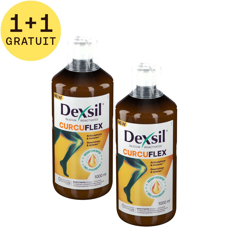 Deux flacons de 'Dexsil CurcuFlex'. Texte '1+1 GRATUIT'.