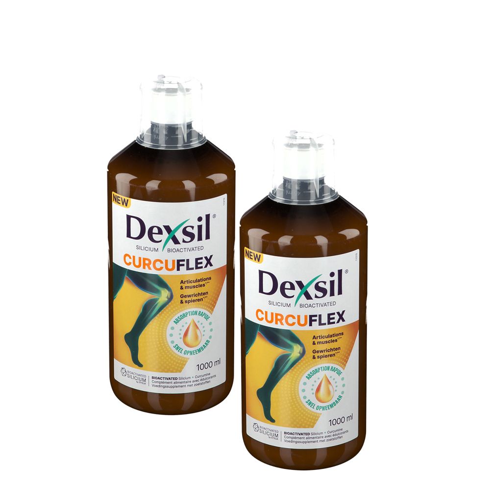 Deux flacons 'Dexsil CurcuFlex' avec étiquette. Texte '1000 ml'.