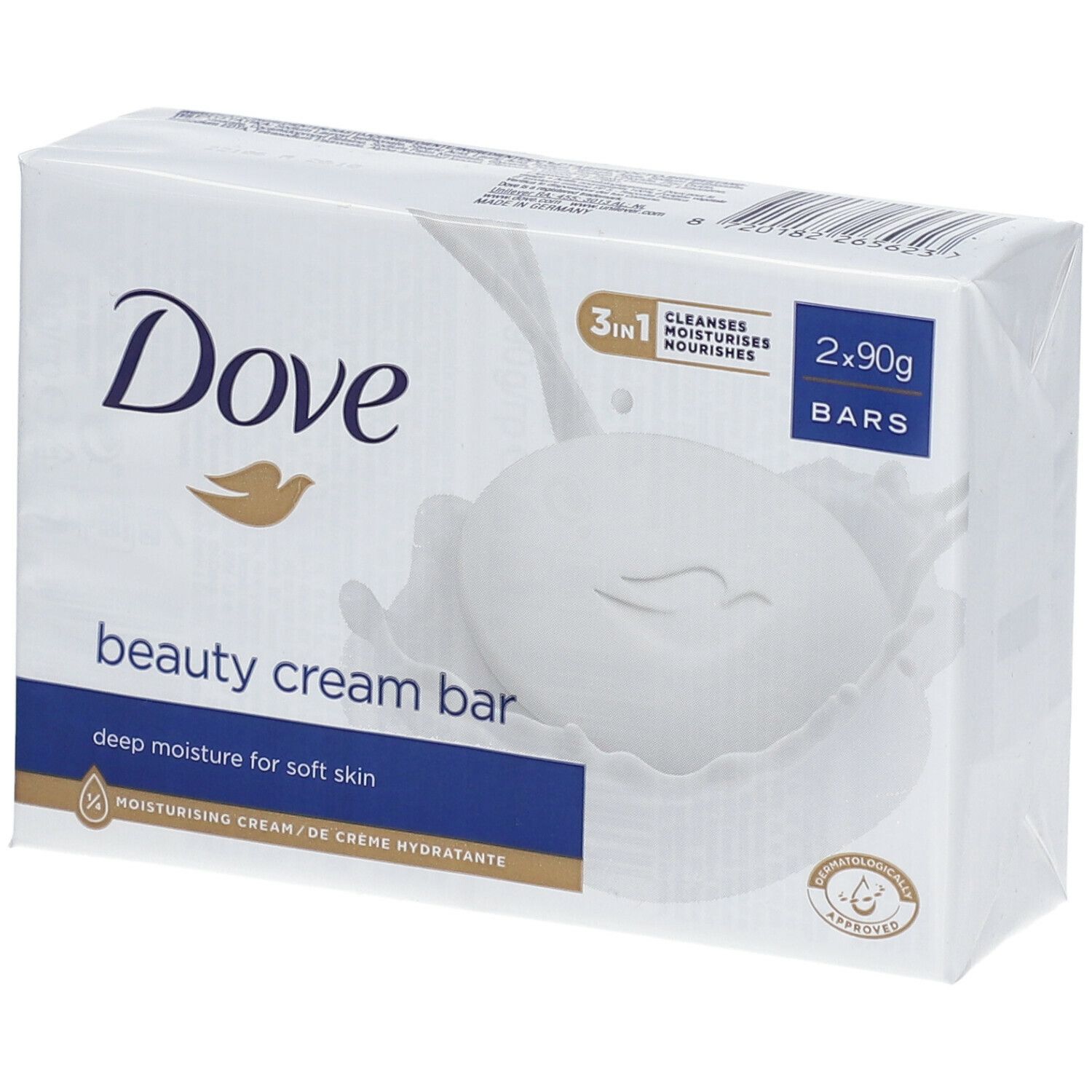 Verpakking met twee Dove Beauty Cream Bars. Witte verpakking met productafbeelding en logo. Bevat 2 x 90g bars.