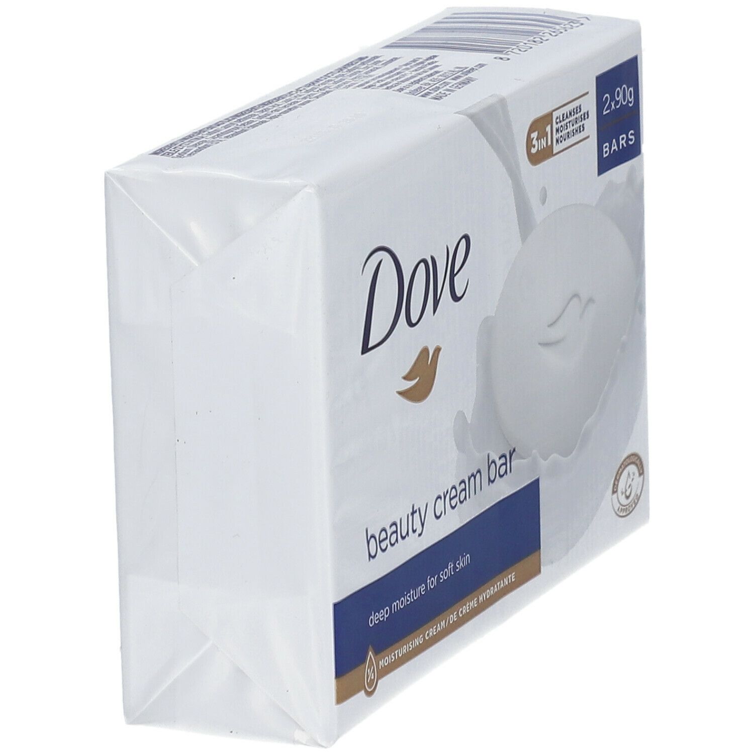 Schuine weergave van de verpakking met twee Dove Beauty Cream Bars. Witte verpakking met productafbeelding en logo. Bevat 2 x 90g bars.