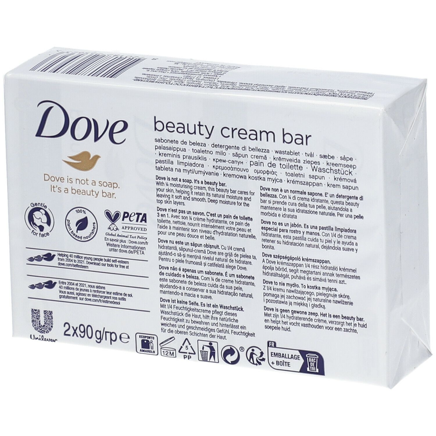 Verpakking met twee Dove Beauty Cream Bars. Witte verpakking met productafbeelding, logo en tekst. Bevat 2 x 90g bars.