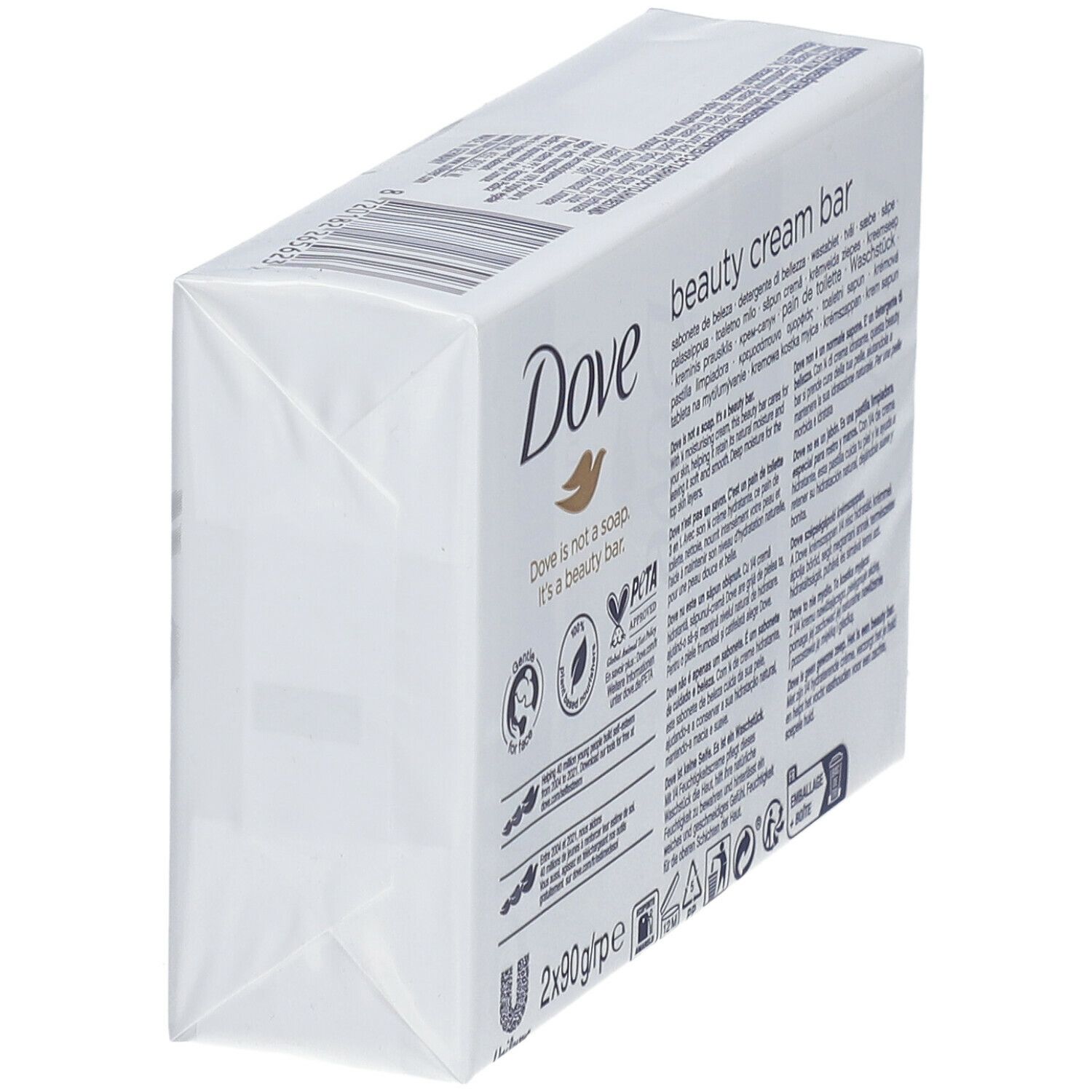 Schuine weergave van de verpakking met twee Dove Beauty Cream Bars. Witte verpakking met productafbeelding, logo en tekst. Bevat 2 x 90g bars.