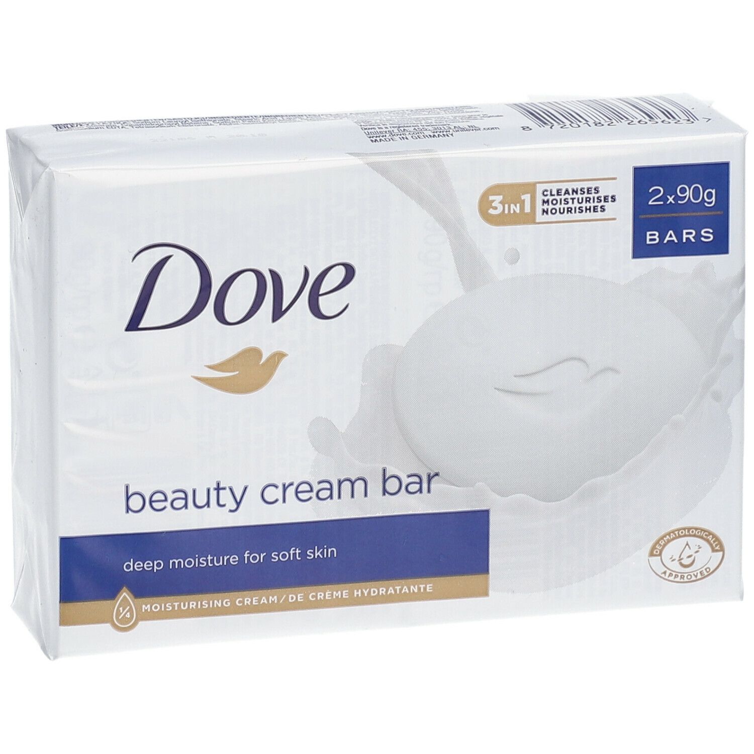Verpakking met twee Dove Beauty Cream Bars. Witte verpakking met productafbeelding en logo. Bevat 2 x 90g bars.