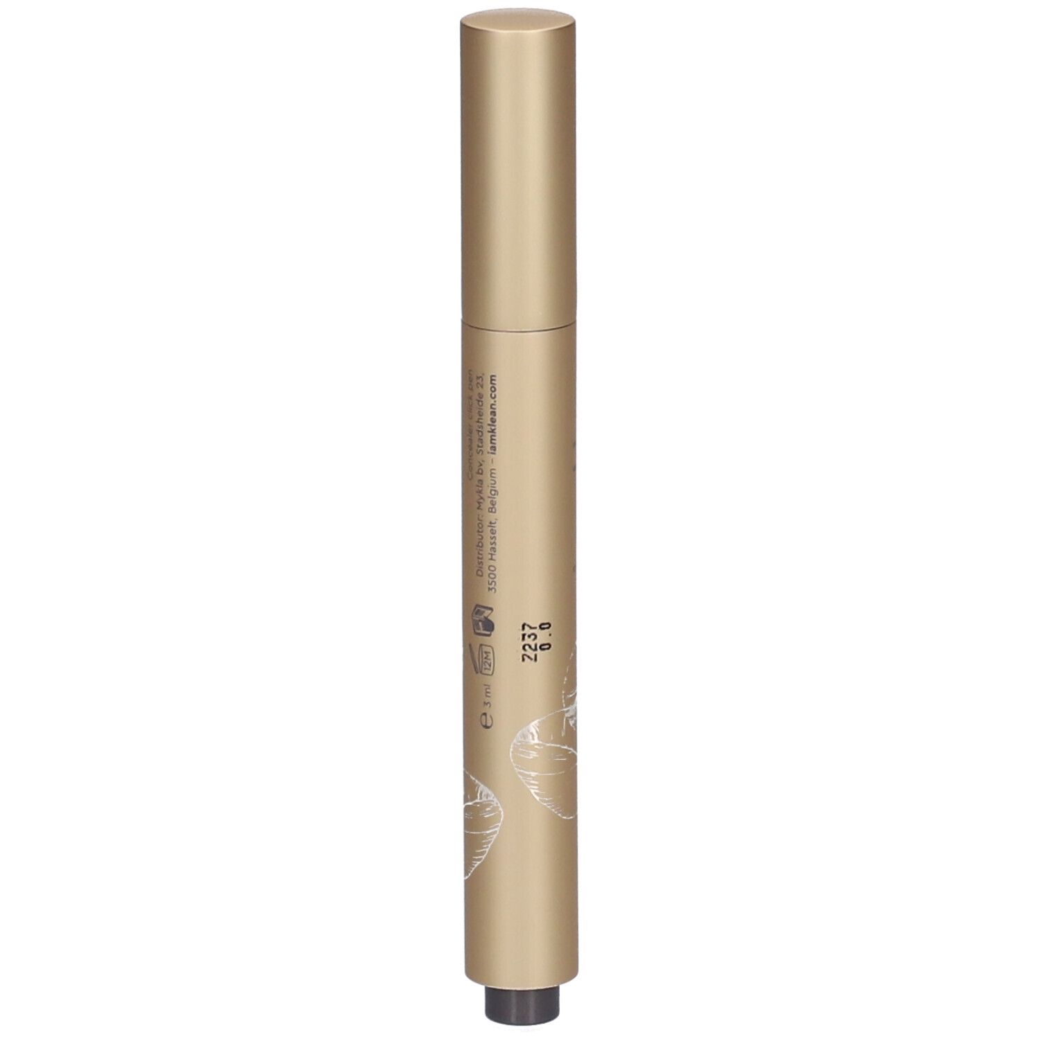 Goldfarbener Concealer-Stift mit schwarzer Spitze. Aufschrift und floralem Dekor auf dem Stift.