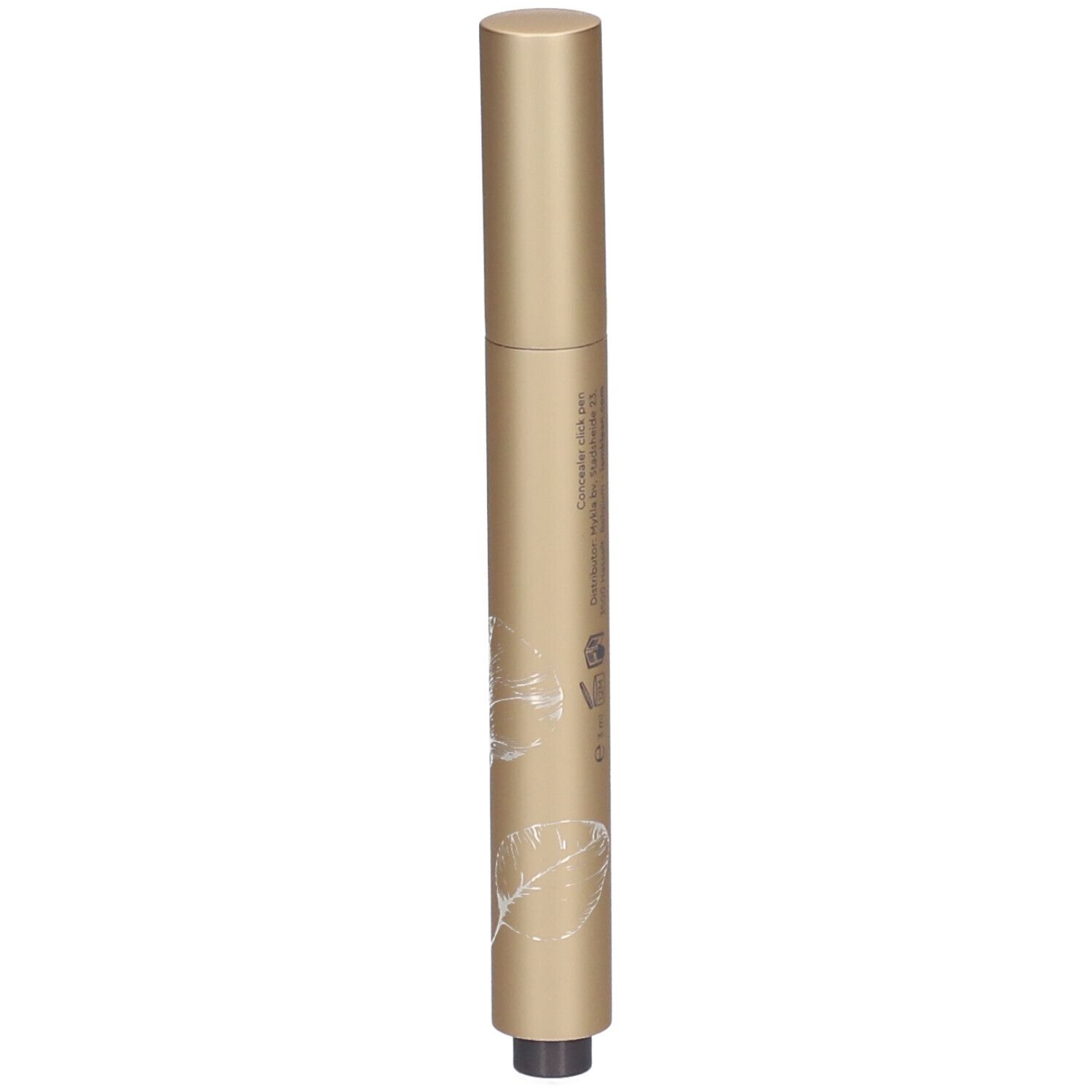 Goldfarbener Concealer-Stift mit schwarzer Spitze. Aufschrift und floralem Dekor auf dem Stift.