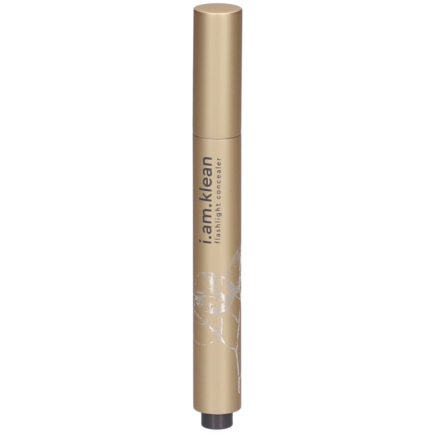 Goldfarbener Concealer-Stift mit schwarzer Spitze. Aufschrift: i.am.klean flashlight concealer. Floral-Dekor.