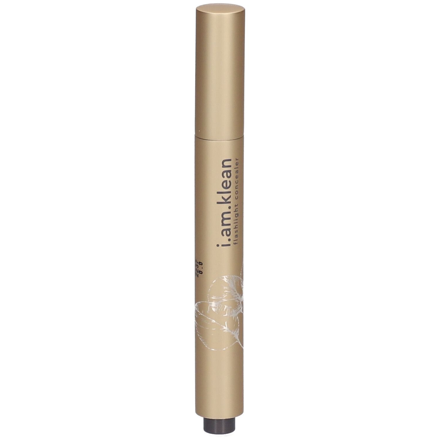 Goldfarbener Concealer-Stift mit schwarzer Spitze. Aufschrift: i.am.klean flashlight concealer. Floral-Dekor.