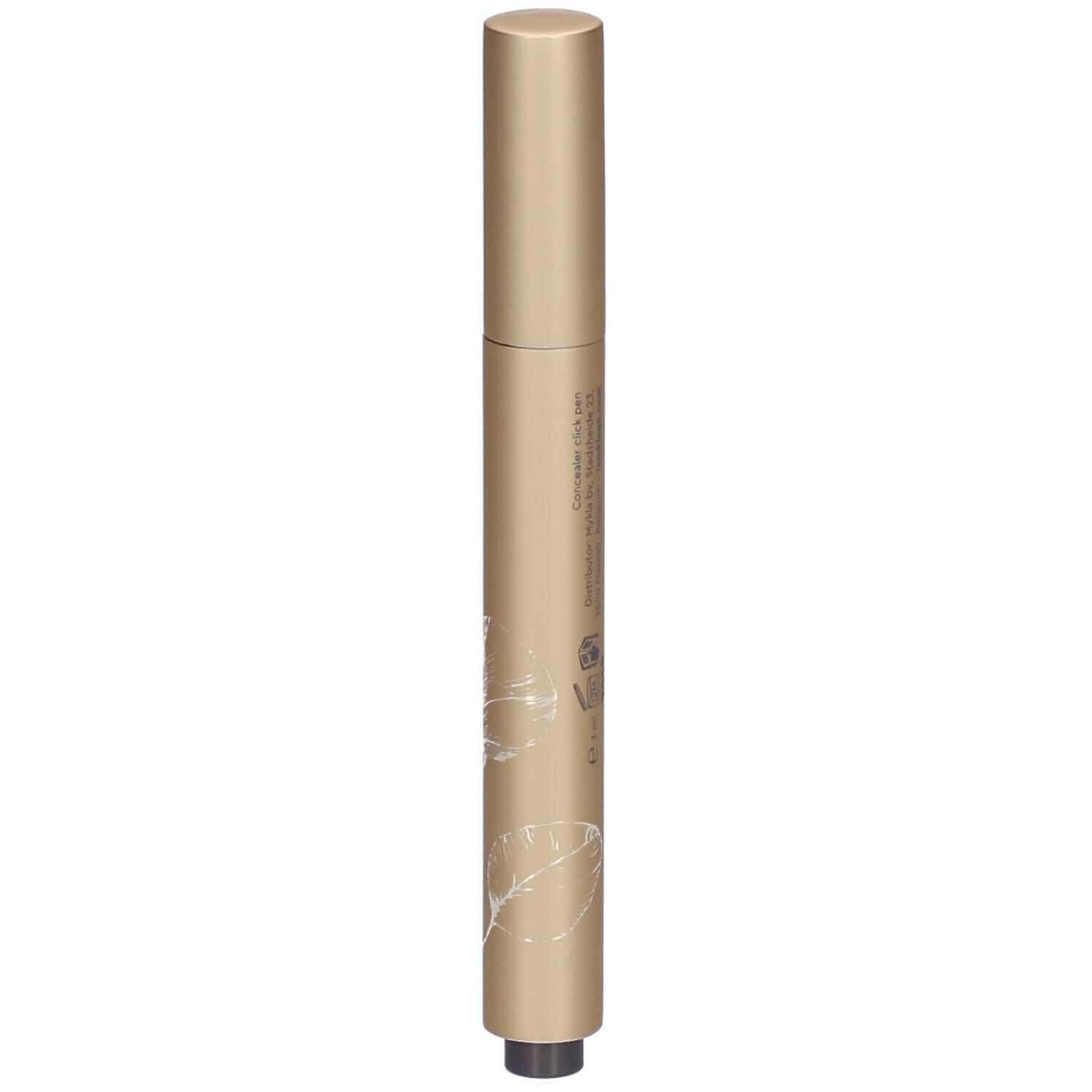 Goldfarbener Concealer-Stift. Aufschrift: i.am.klean flashlight concealer. Floral-Dekor. Schwarze Spitze. Details.