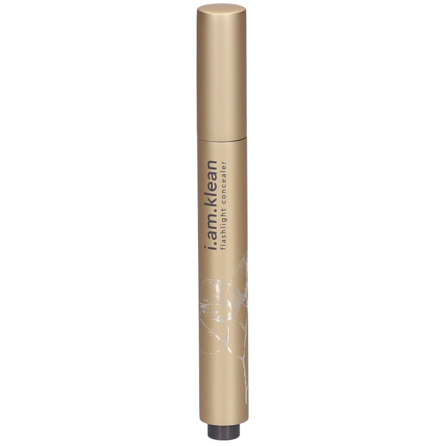 Goldfarbener Concealer-Stift. Aufschrift: i.am.klean flashlight concealer. Floral-Dekor. Schwarze Spitze.