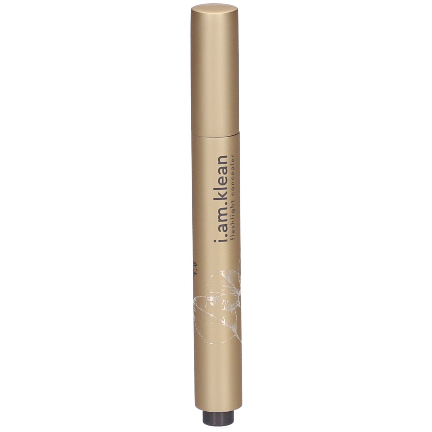 Goldfarbener Concealer-Stift. Aufschrift: i.am.klean flashlight concealer. Floral-Dekor. Schwarze Spitze.