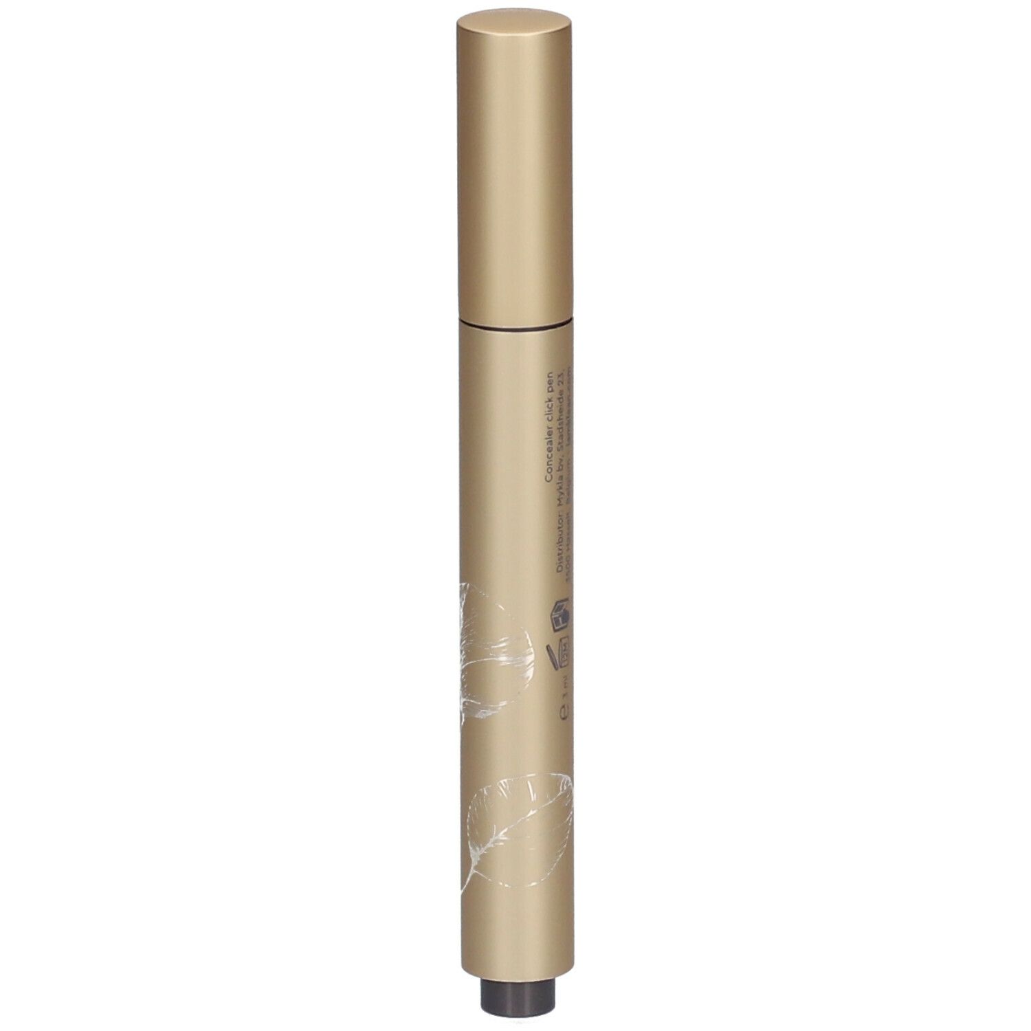 Goldfarbener Concealer-Stift mit schwarzer Spitze. Aufschrift: i.am.klean flashlight concealer. Details auf dem Stift.