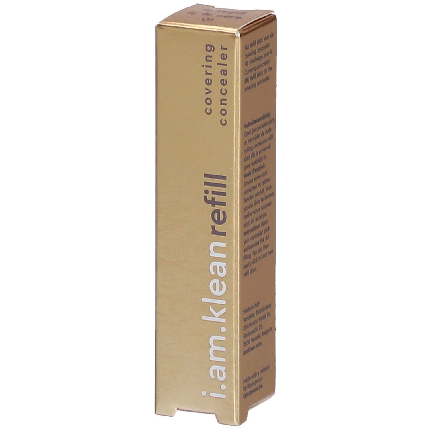 Goldfarbene Verpackung mit Produktnamen i.am.klean refill und der Bezeichnung covering concealer. Aufdrucke in Weiß.
