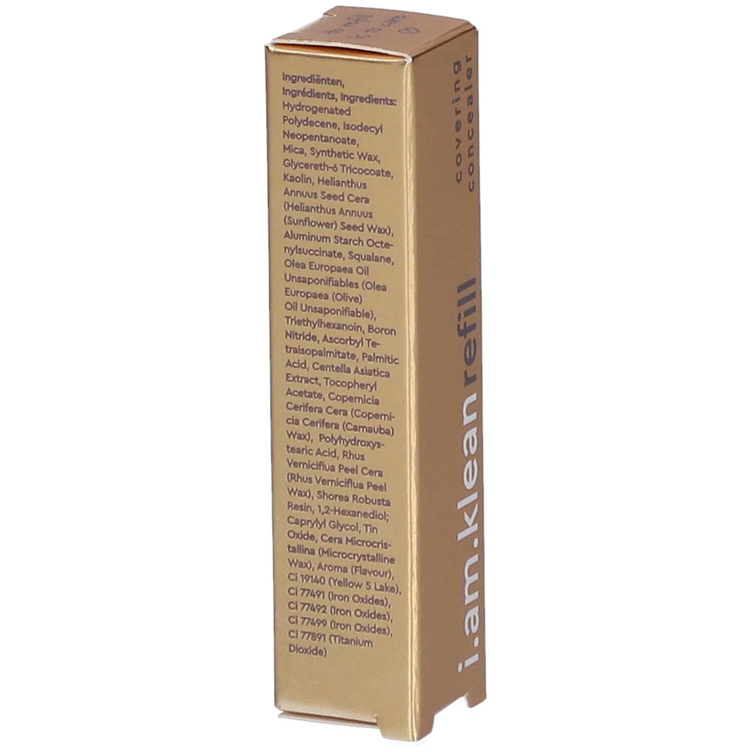Goldfarbene Verpackung mit Inhaltsstoffliste. Text in Schwarz. Auf der Verpackung sind die Inhaltsstoffe des Produkts aufgeführt.