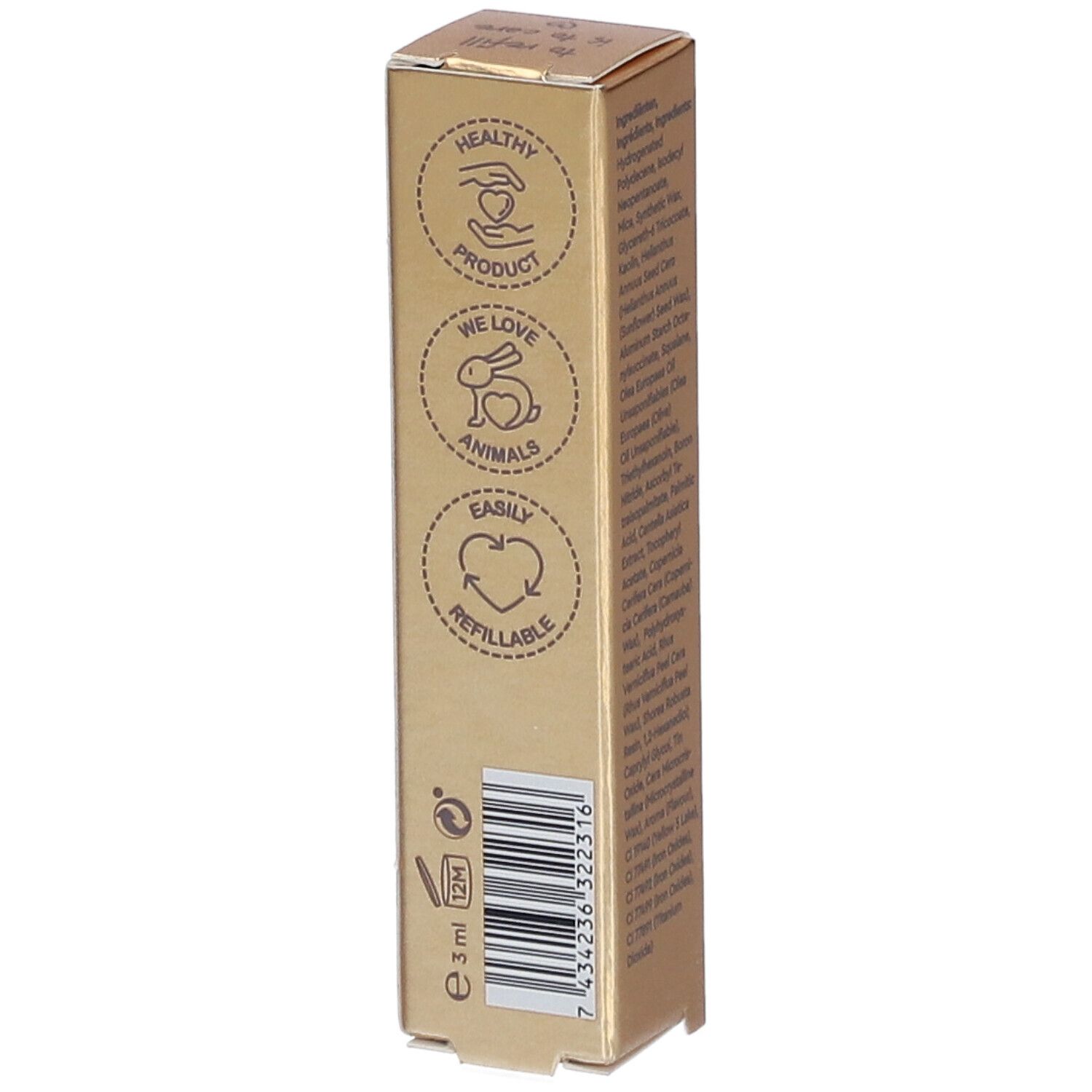 Goldfarbene Verpackung mit Logos für gesundes Produkt, tierversuchsfrei und nachfüllbar. Text in Schwarz.