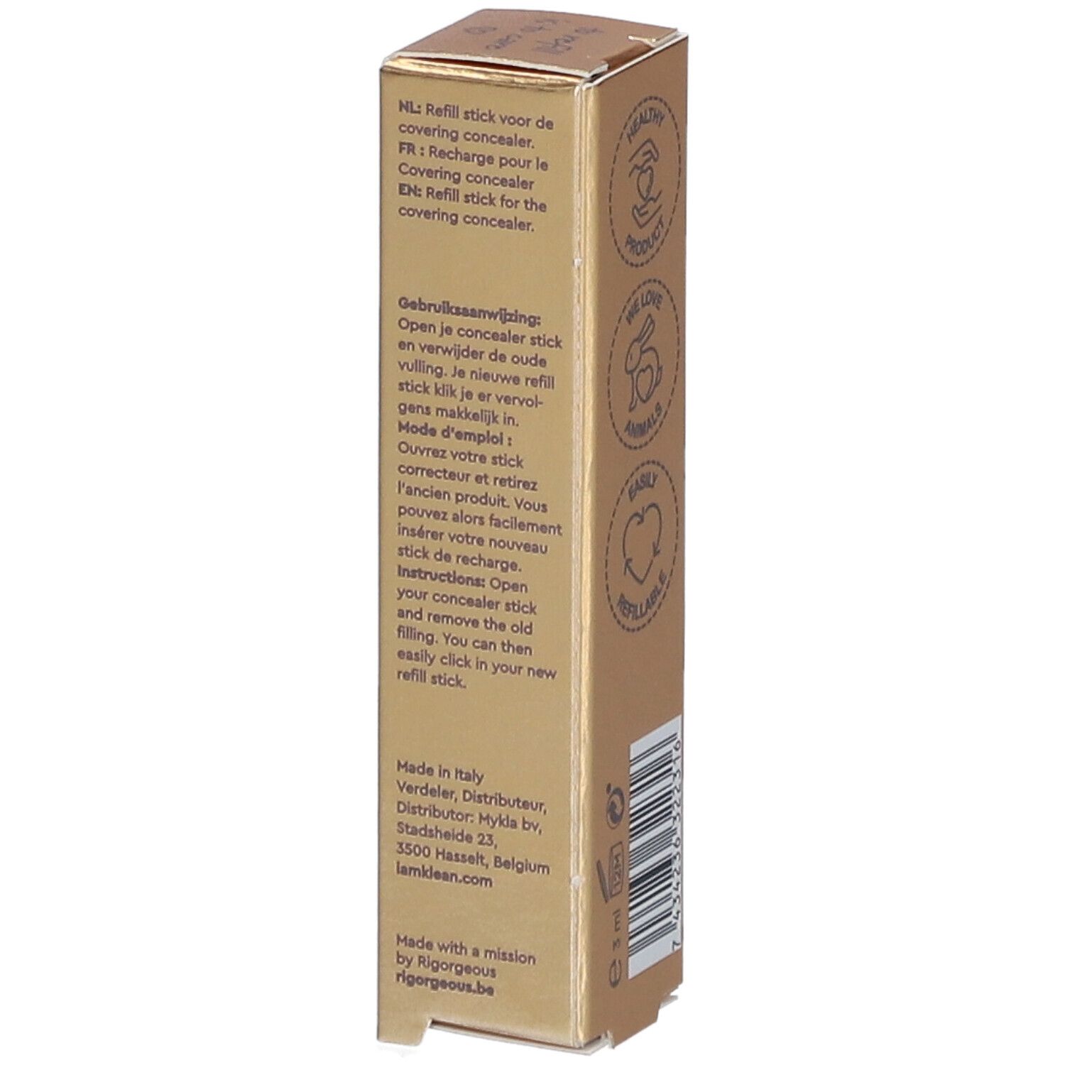 Goldfarbene Verpackung mit Anweisungen in mehreren Sprachen. Text in Schwarz. Enthält Anweisungen zum Nachfüllen des Concealers.