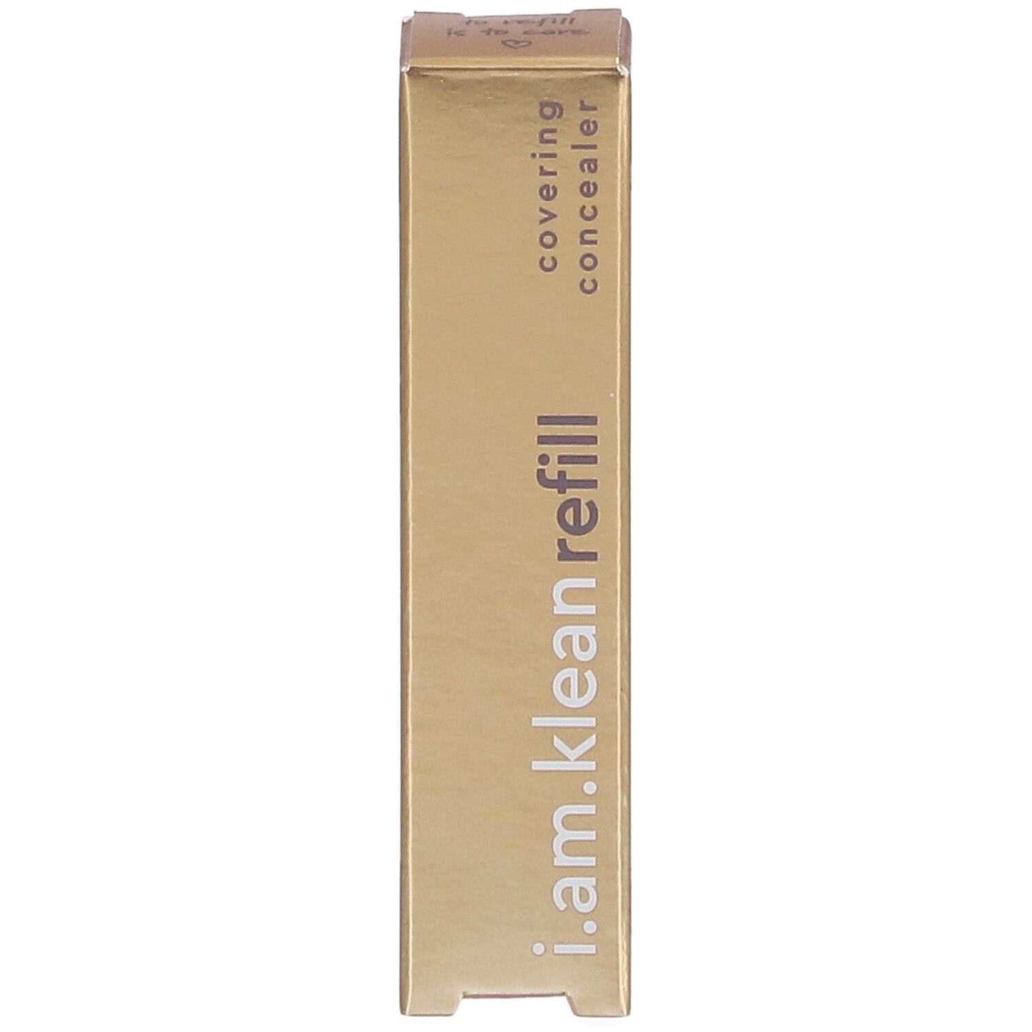 Goldfarbene Verpackung mit Produktnamen i.am.klean refill und der Bezeichnung covering concealer. Aufdrucke in Weiß.