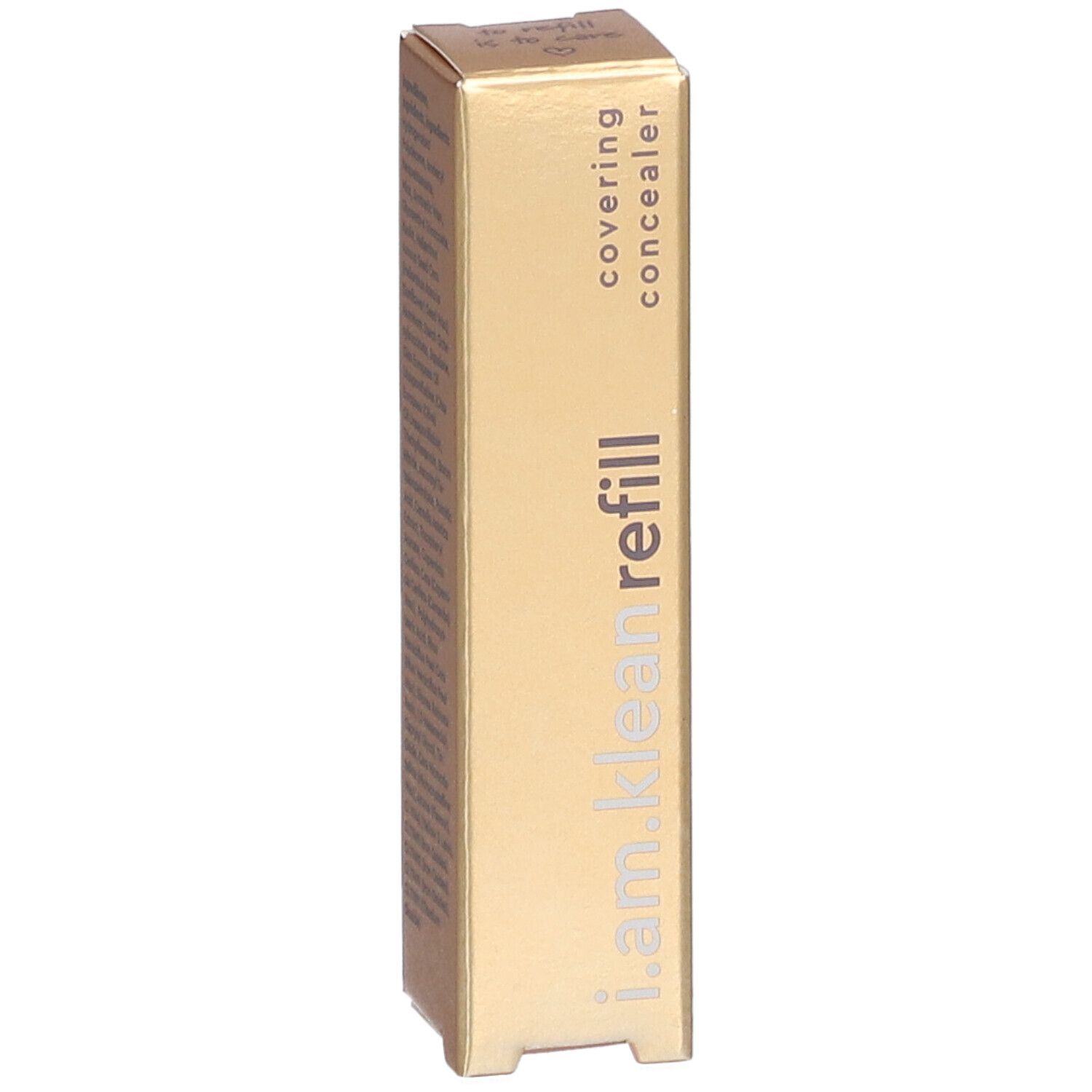 Goldfarbene Verpackung mit Produktnamen i.am.klean refill und der Bezeichnung covering concealer. Aufdrucke in Weiß.