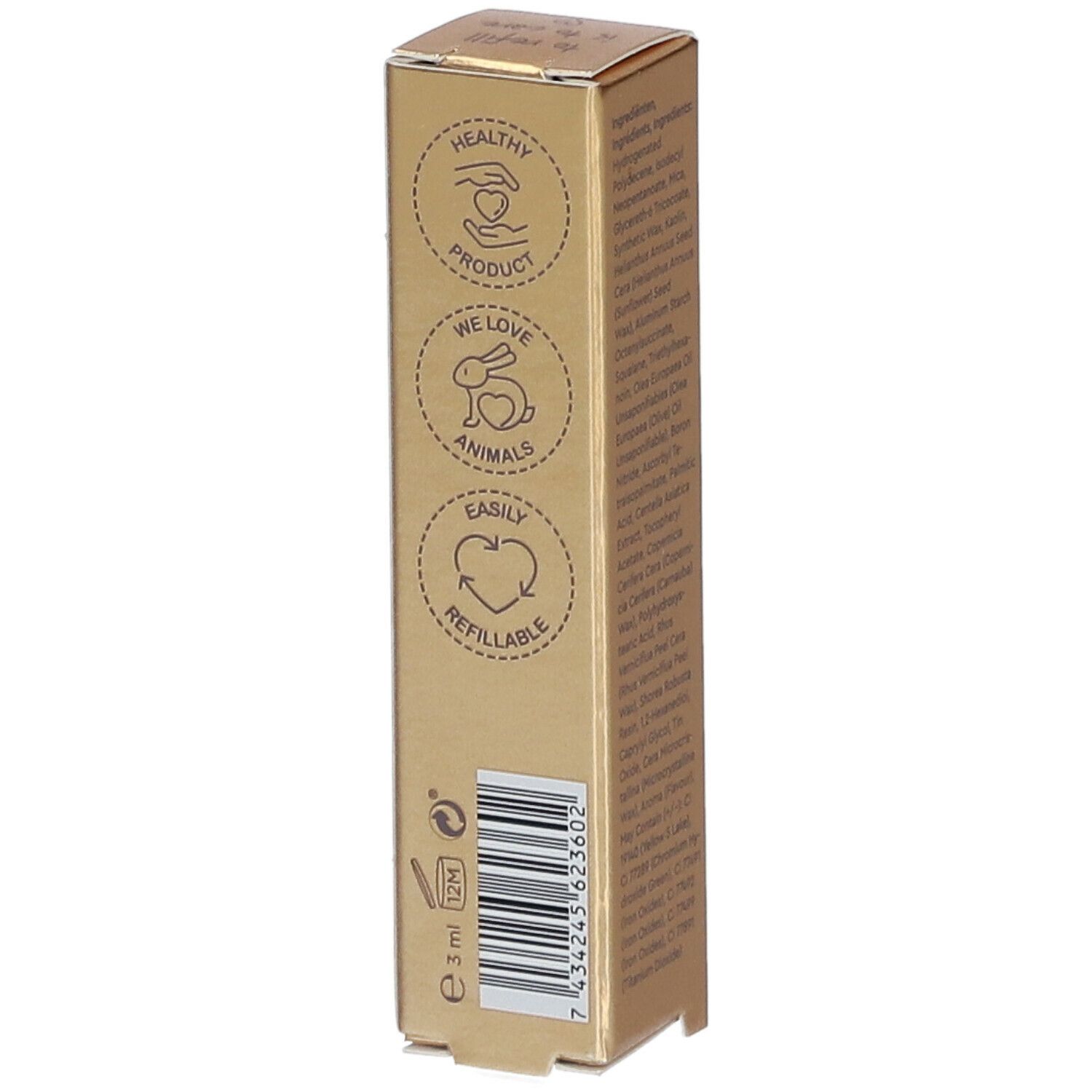 Emballage doré avec logos : Healthy Product, We love animals, Easily refillable. Inscription : i.am.klean refill.