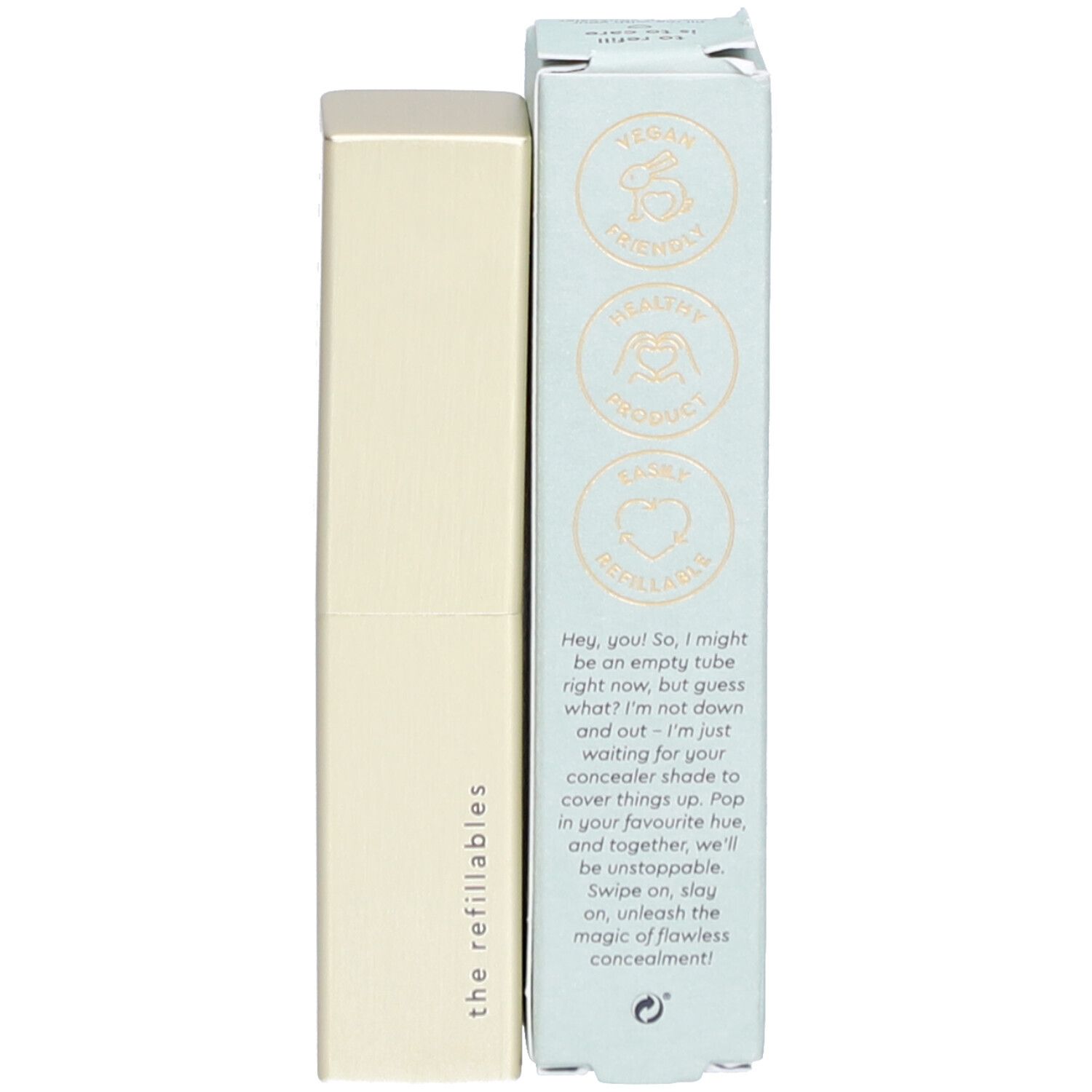 Beige Concealer-Hülle und hellblaue Verpackung. Auf der Hülle steht i.am.klean concealer. Auf der Verpackung stehen Logos und Text.
