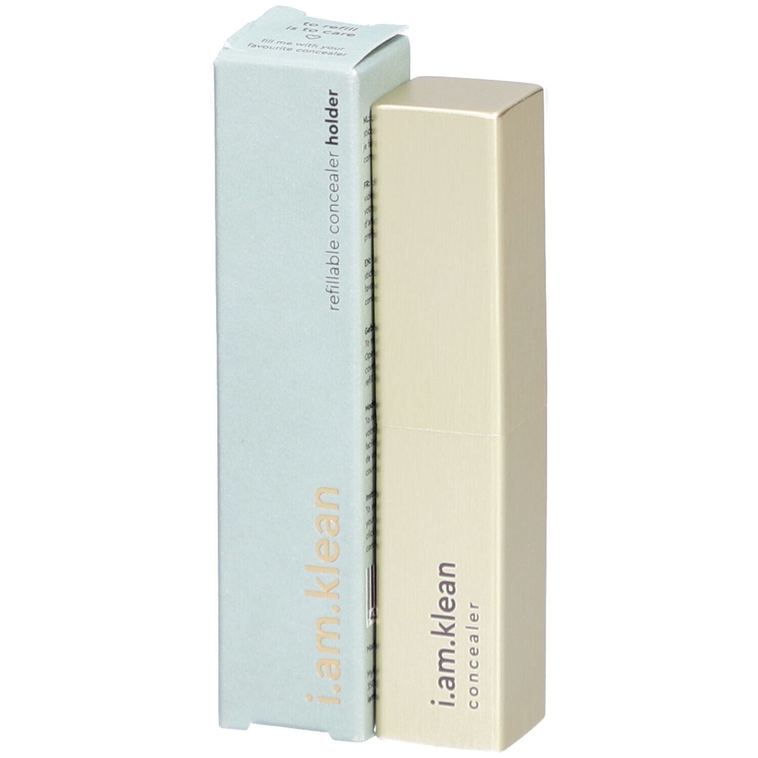 Beige Concealer-Hülle und hellblaue Verpackung. Auf der Hülle steht i.am.klean concealer. Auf der Verpackung steht refillable concealer holder.