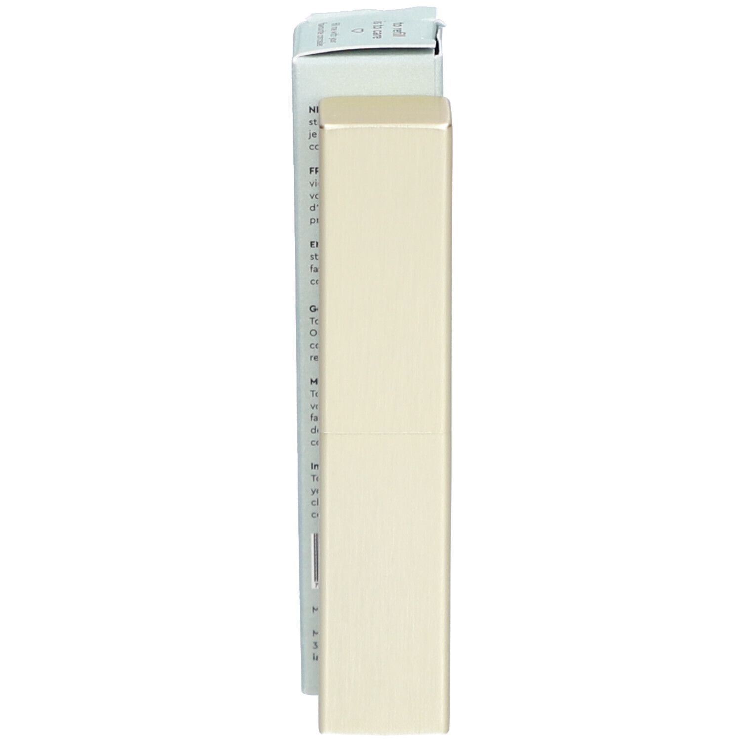 Beige Concealer-Hülle und hellblaue Verpackung. Auf der Hülle steht Text. Auf der Verpackung steht Text.