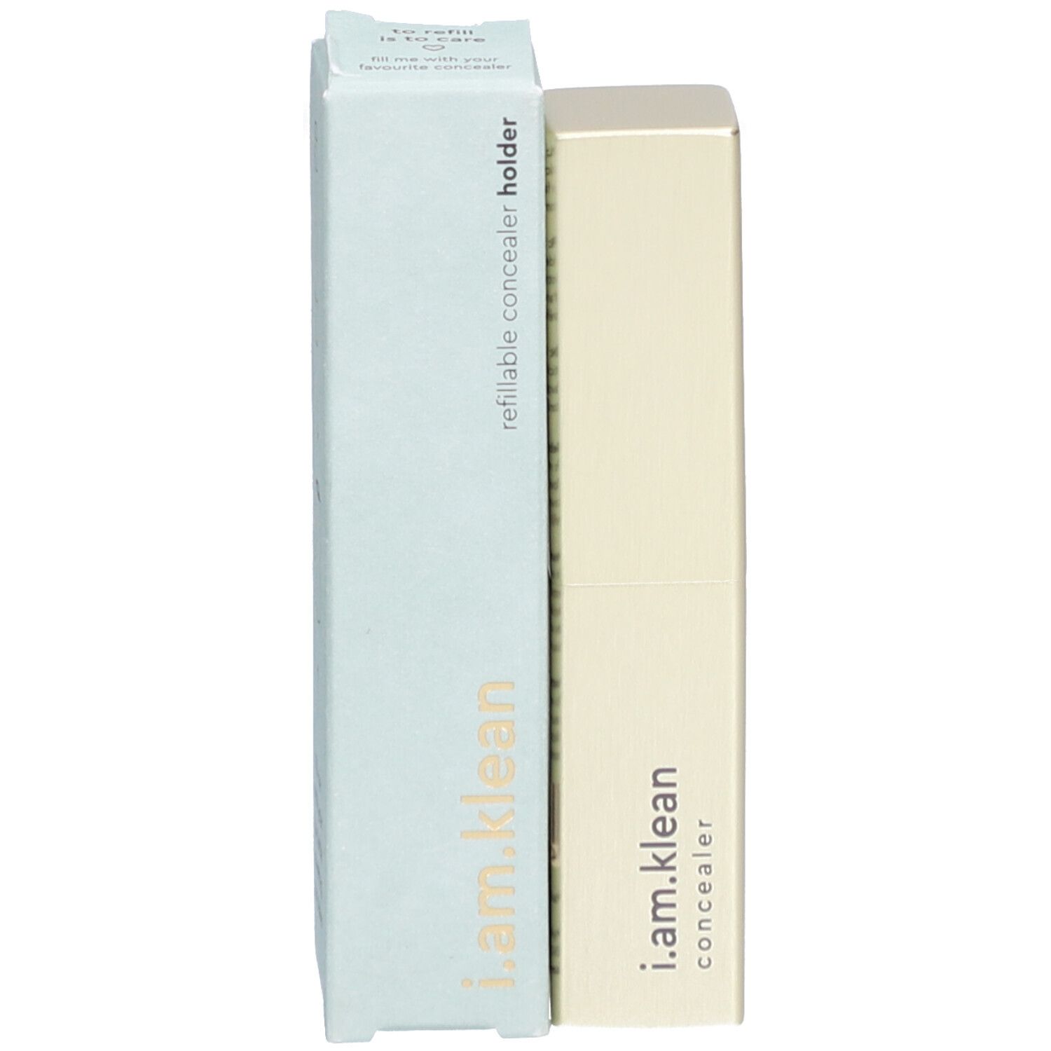 Beige Concealer-Hülle und hellblaue Verpackung. Auf der Hülle steht i.am.klean concealer. Auf der Verpackung steht i.am.klean und refillable concealer holder.