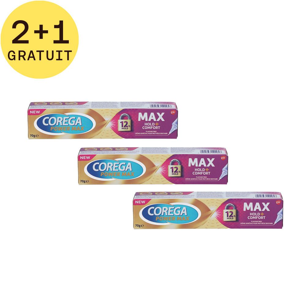 Trois tubes de crème adhésive. Texte : "Corega", "MAX HOLD + COMFORT". En haut : "2+1 GRATUIT".