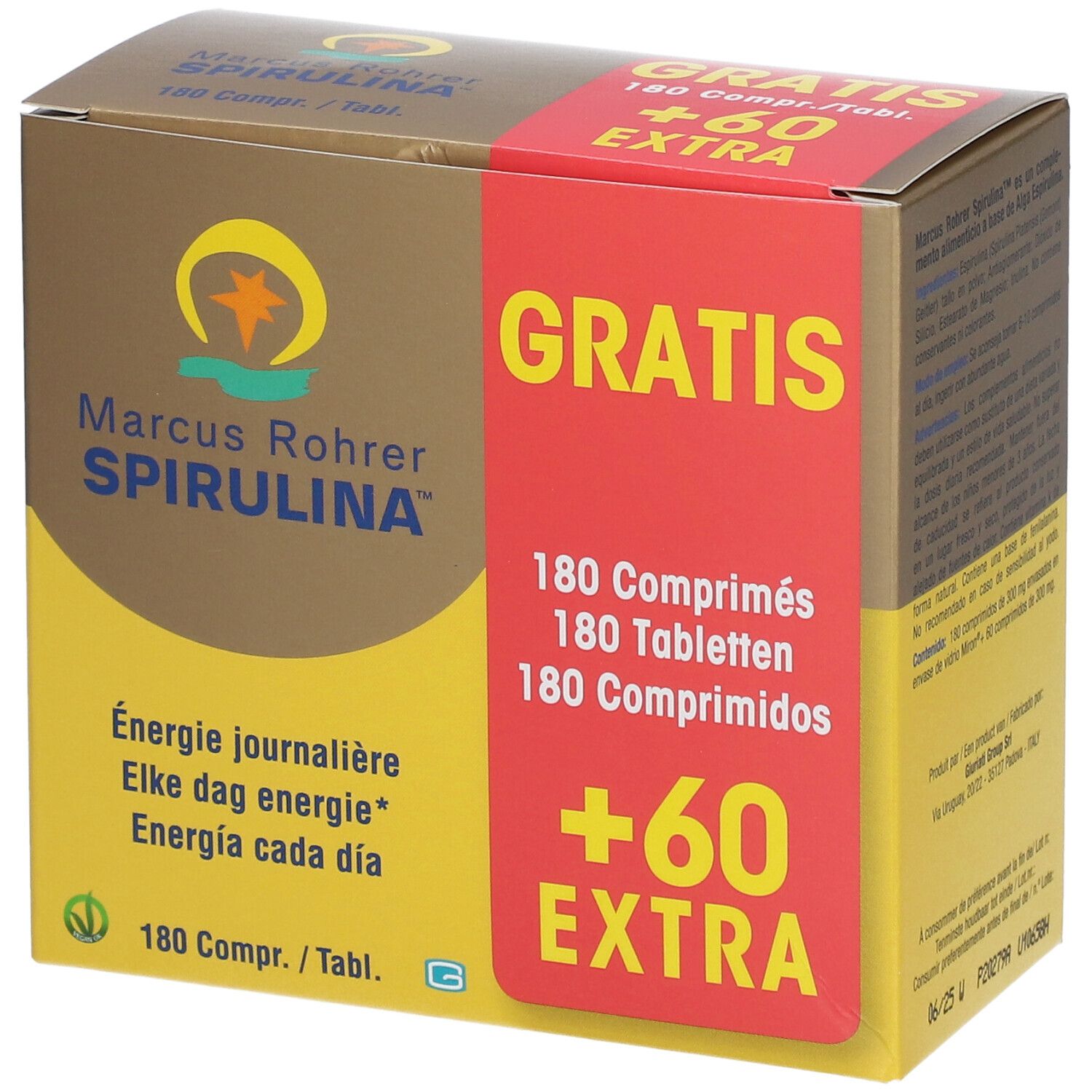 Doos Marcus Rohrer Spirulina. Bevat 180 tabletten + 60 extra. Opschrift: Energie journalière.