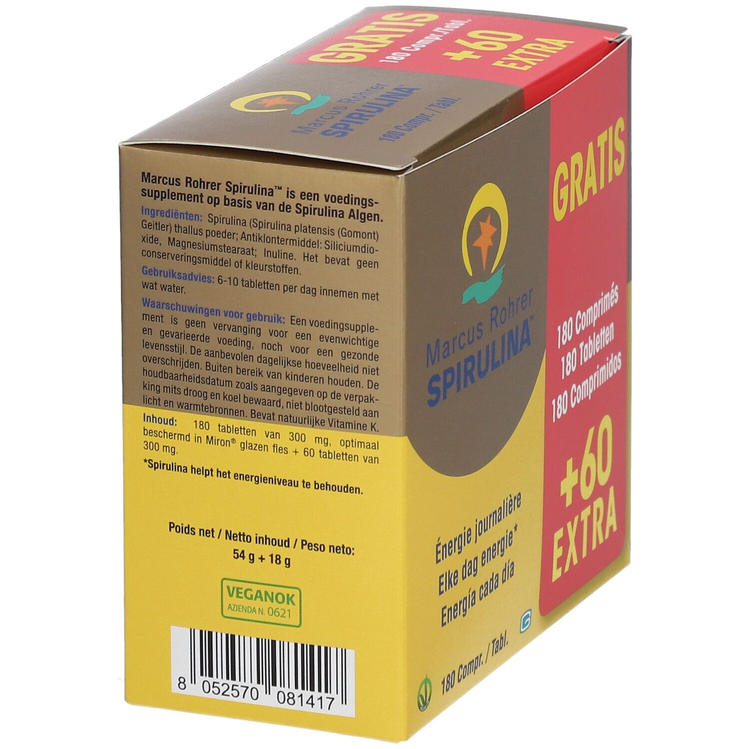 Achterkant van de Marcus Rohrer Spirulina doos. Bevat informatie over ingrediënten en voedingswaarden.