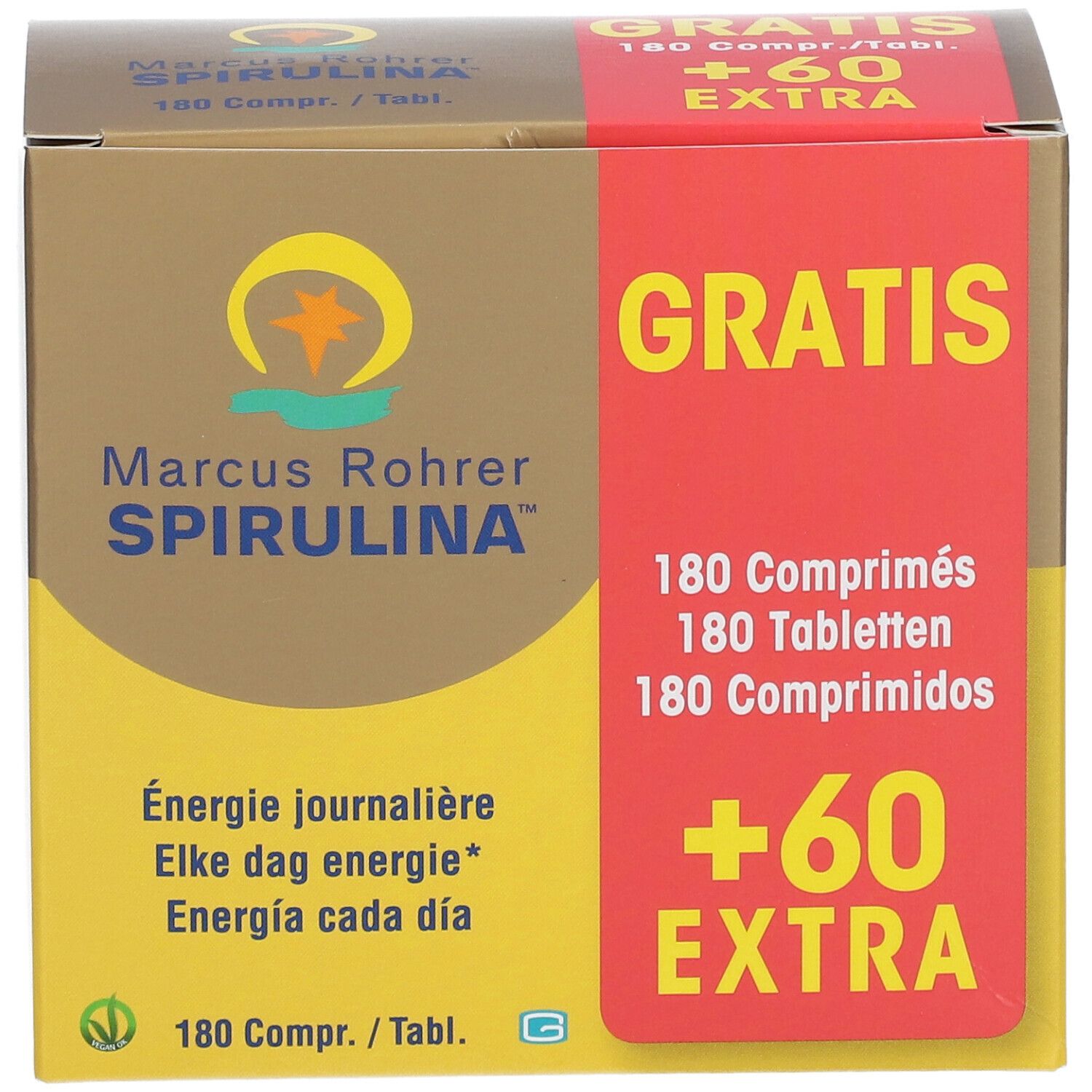 Doos Marcus Rohrer Spirulina. Bevat 180 tabletten + 60 extra. Opschrift: Energie journalière.