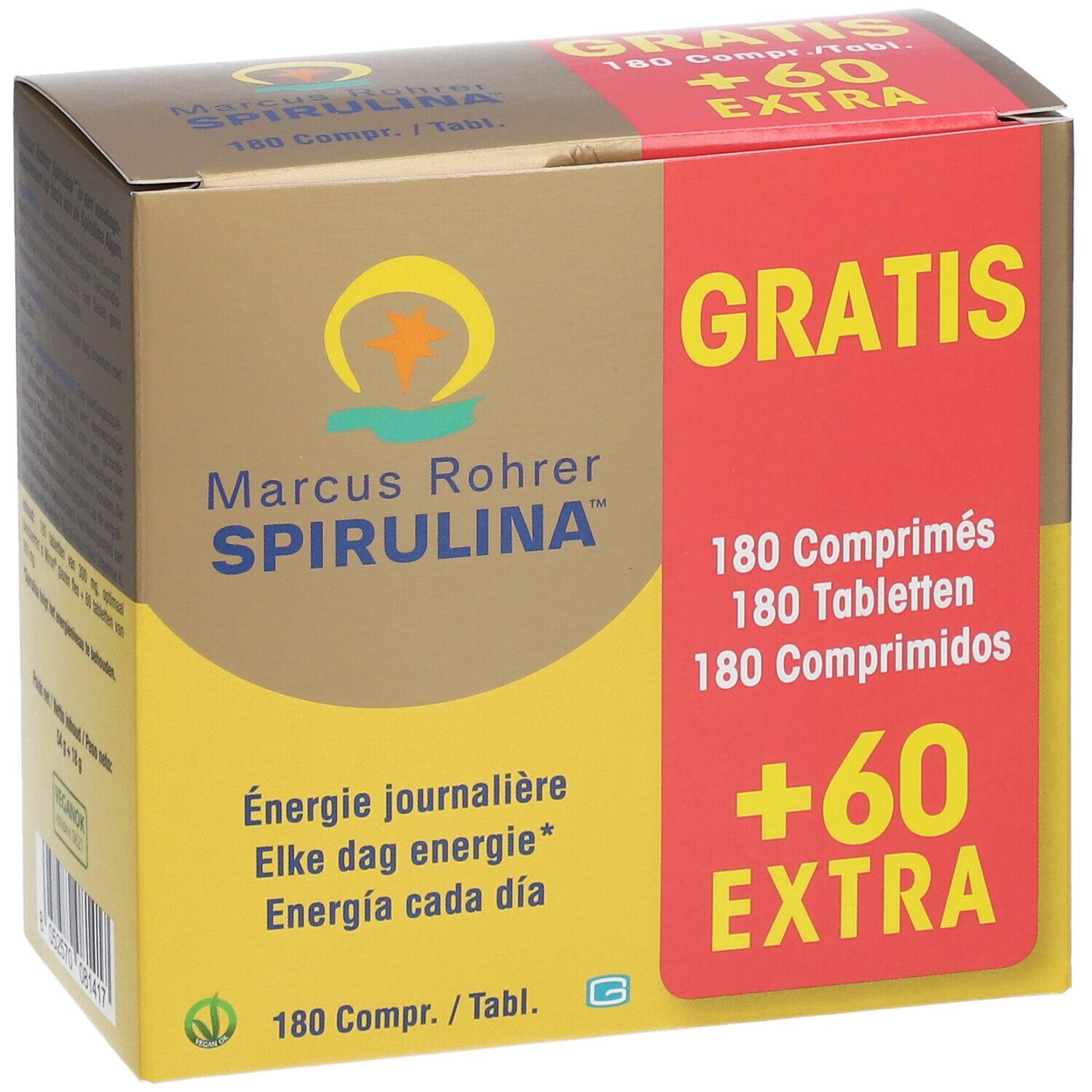 Doos Marcus Rohrer Spirulina. Bevat 180 tabletten + 60 extra. Opschrift: Energie journalière.