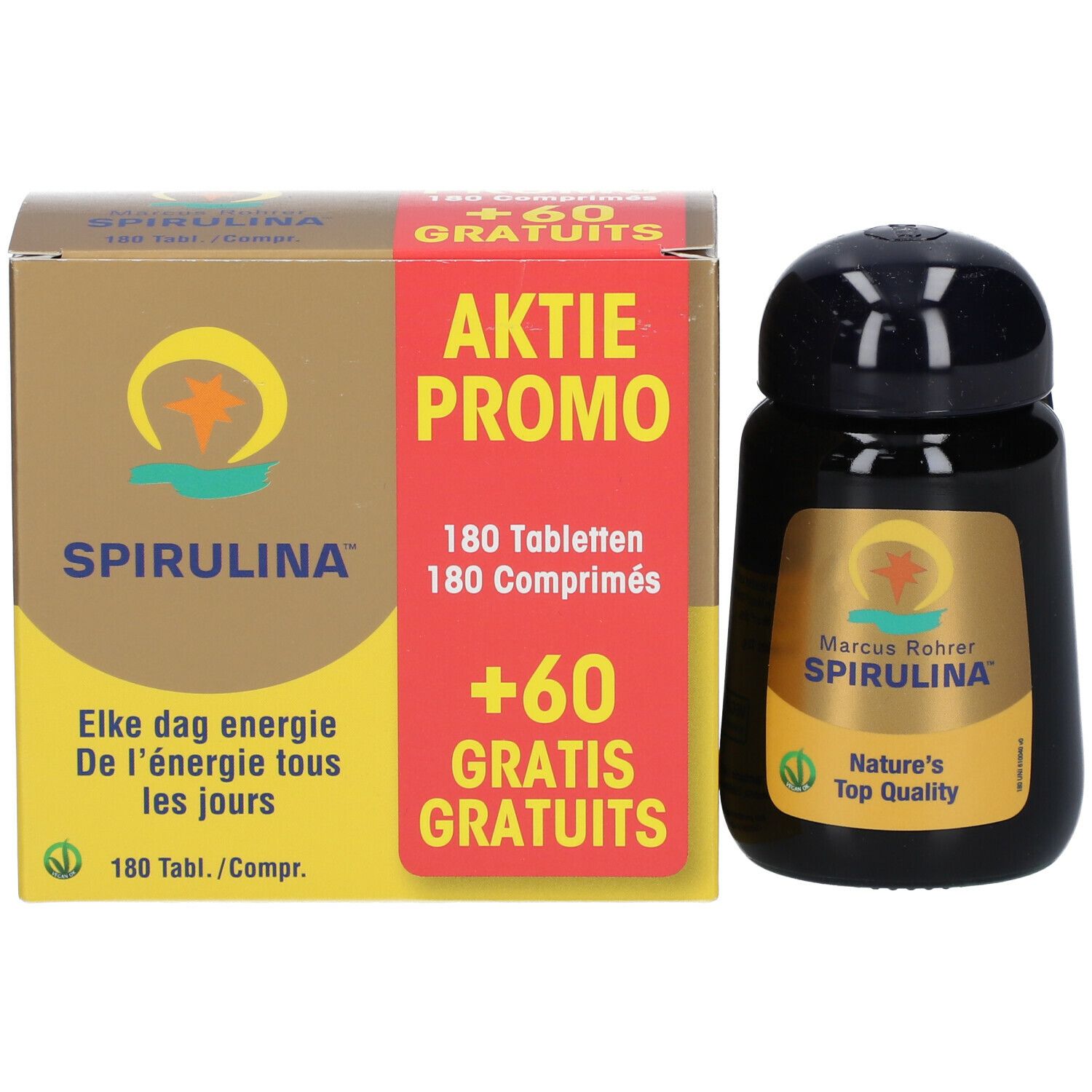 Doos en fles Marcus Rohrer Spirulina. Bevat 180 tabletten + 60 gratis. Opschrift: Aktie Promo.
