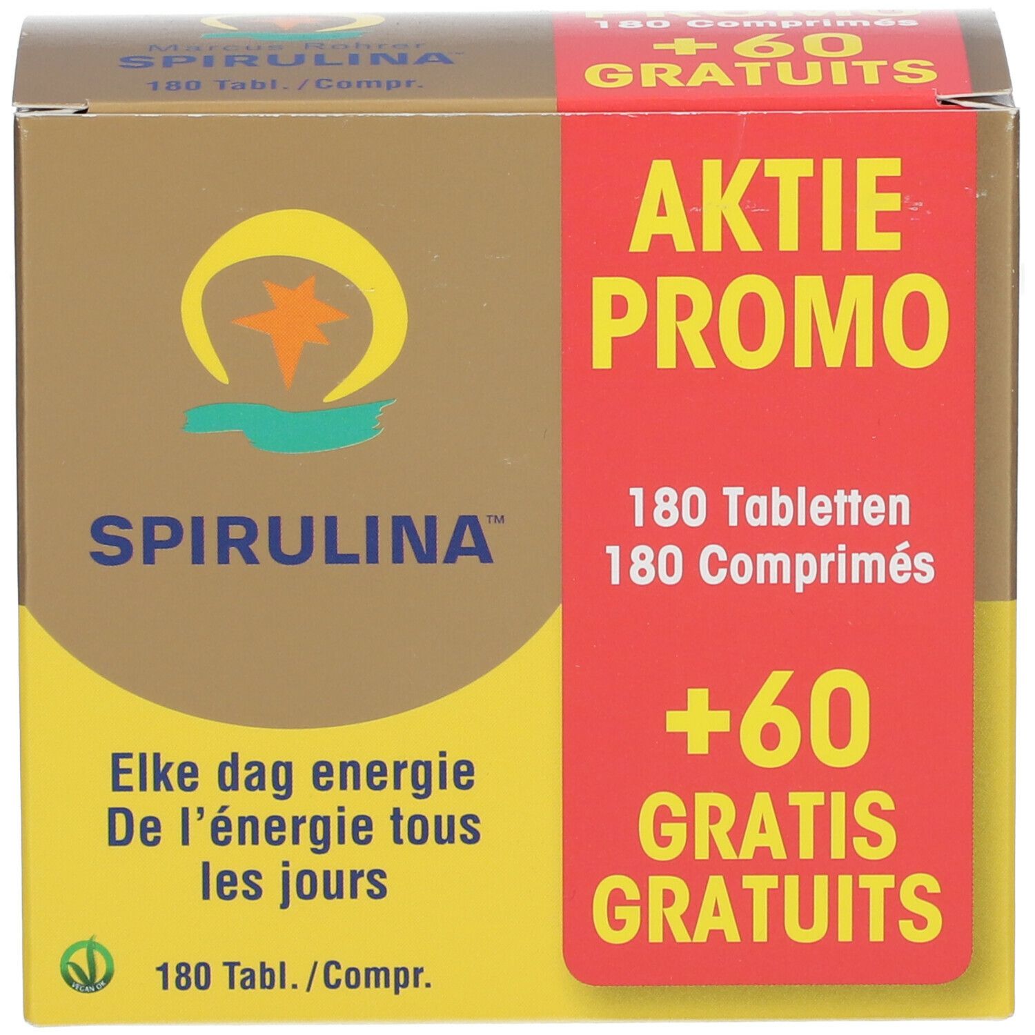Doos Marcus Rohrer Spirulina. Bevat 180 tabletten + 60 gratis. Opschrift: Aktie Promo.