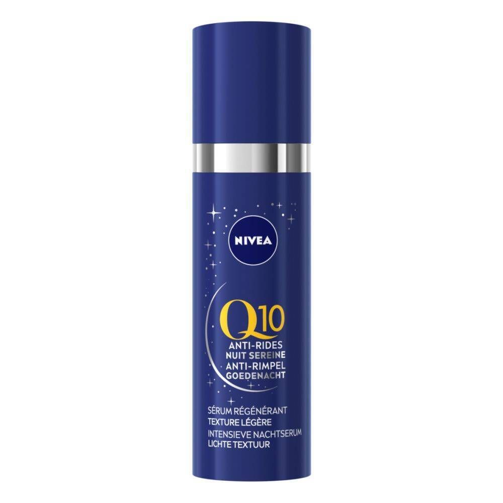 Flacon bleu avec étiquette blanche. Inscription : NIVEA, Q10 sérum nuit anti-rides. Design étoiles. Bouchon argenté.