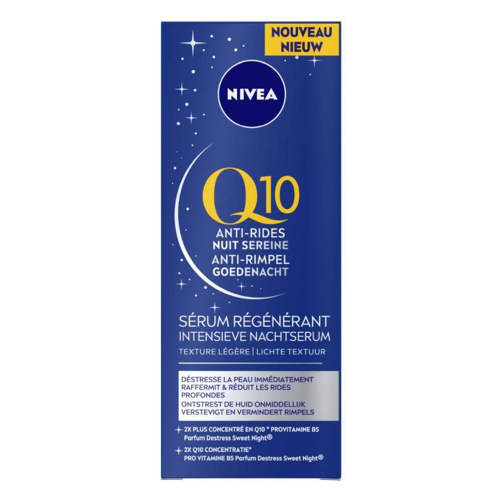 Emballage bleu avec étiquette blanche. Inscription : NIVEA, Q10 sérum nuit anti-rides. Cercle jaune. Texte : Sérum régénérant.