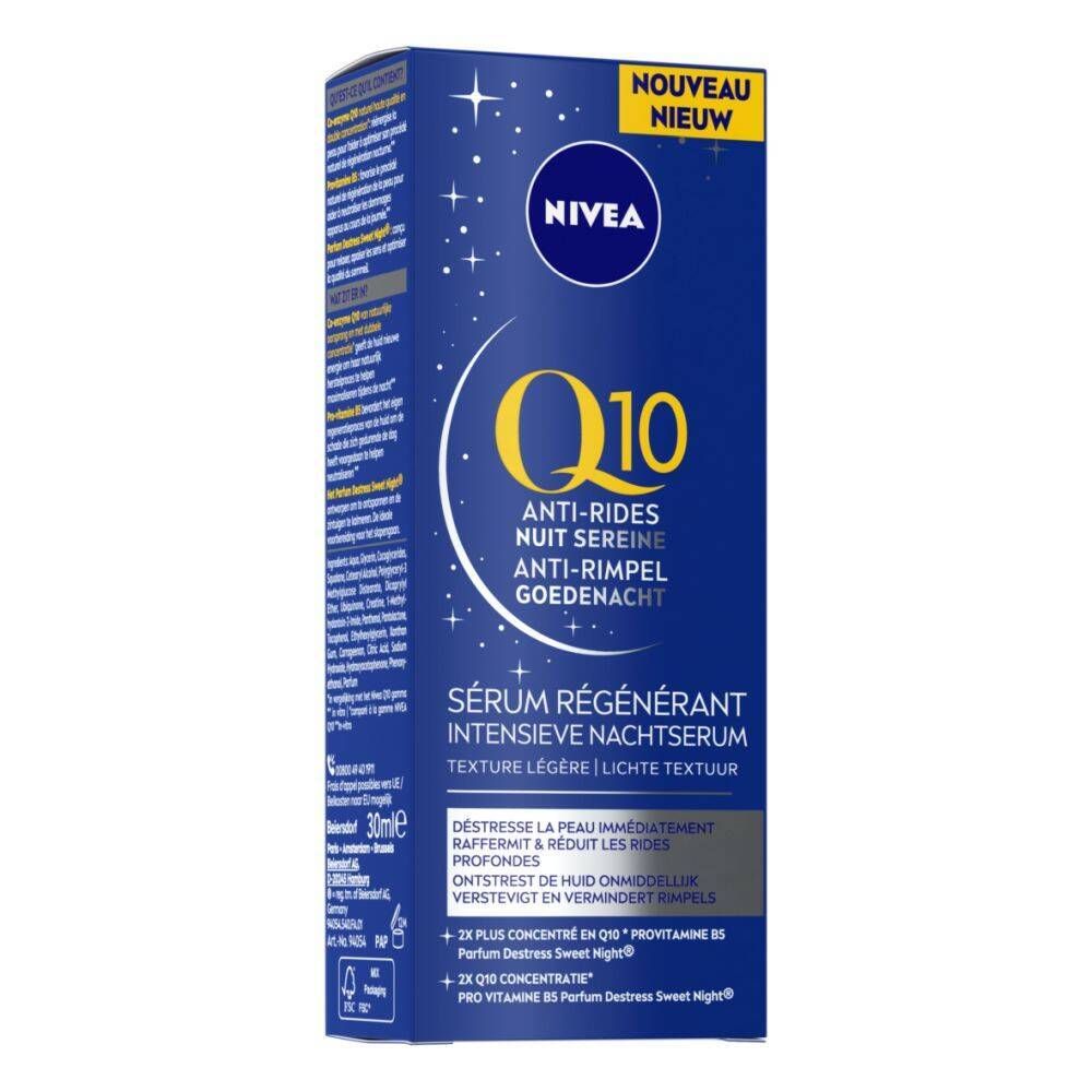 Boîte bleue avec étiquette blanche. Inscription : NIVEA, Q10 sérum nuit anti-rides. Cercle jaune. Texte : Sérum régénérant.