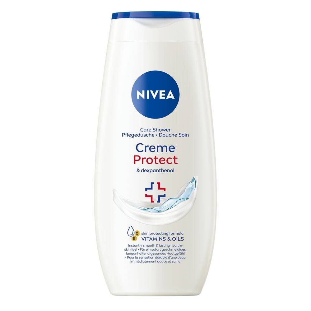 Witte fles met blauwe dop. Opschrift NIVEA, Creme Protect, en dexpanthenol. Bevat vitaminen & oliën.