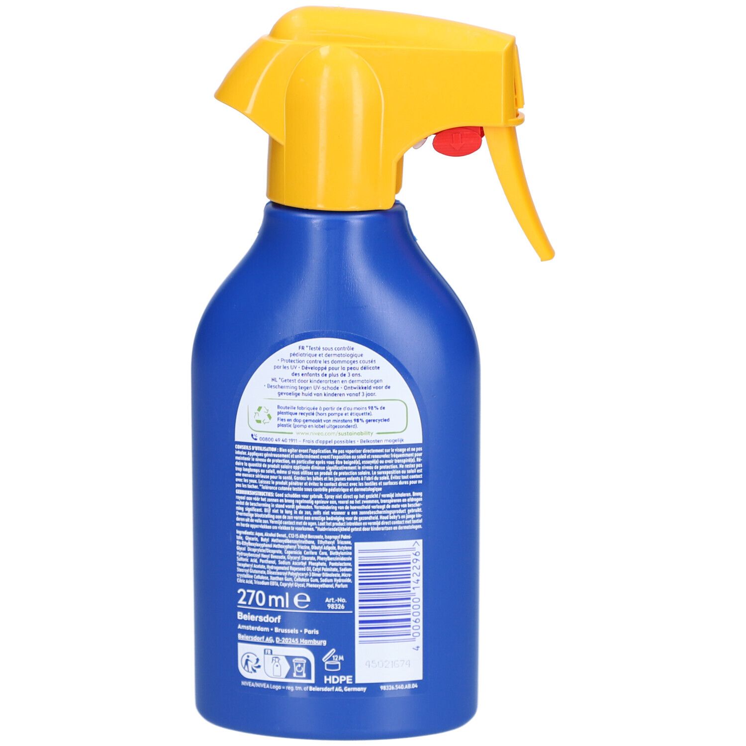 Achterkant van een blauwe sprayfles. Gele sproeikop. Tekst en barcode. Opschrift: 270ml e. Recycling symbool.