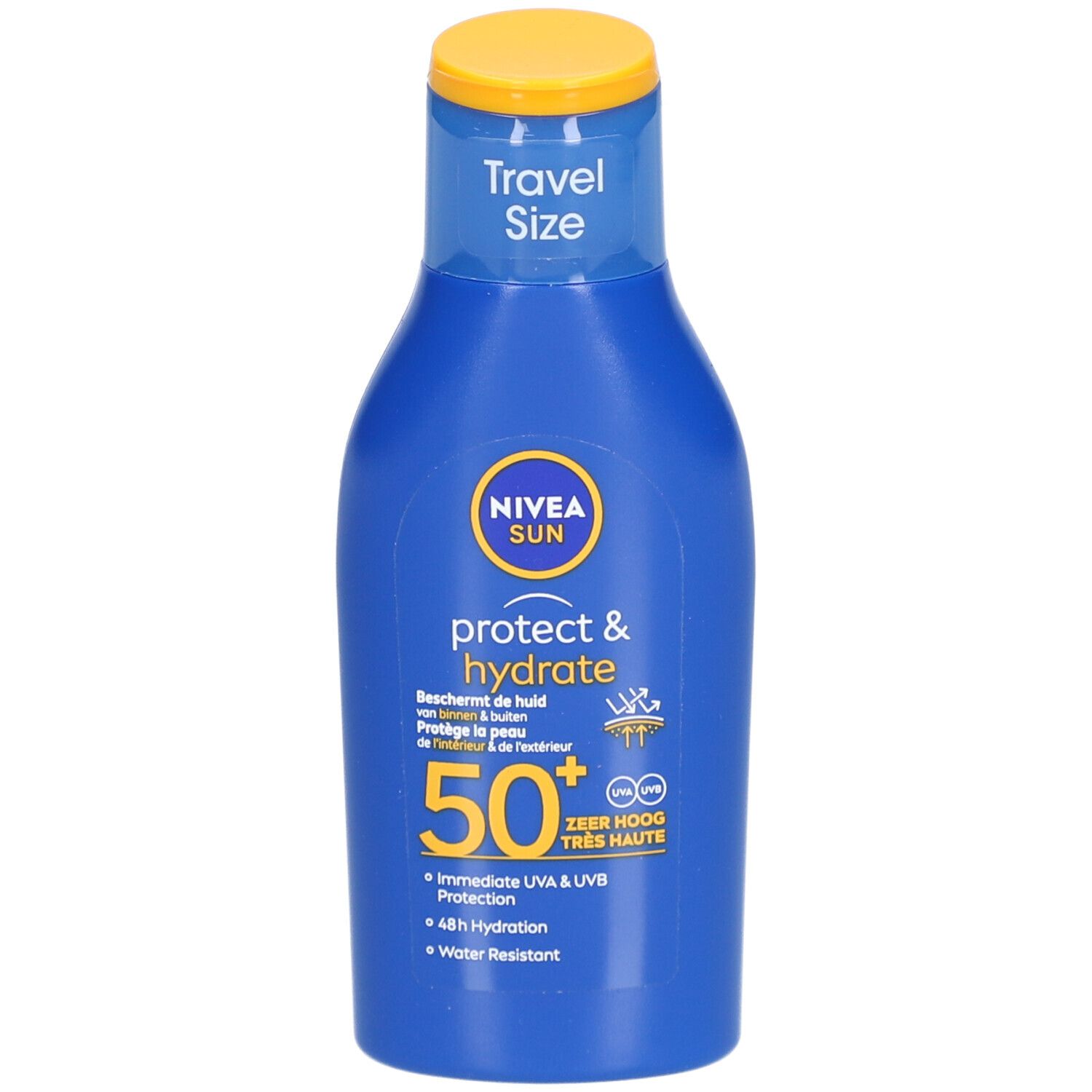 Flacon bleu avec bouchon jaune. Inscription: Nivea Sun Protect & Hydrate 50+. Format voyage.
