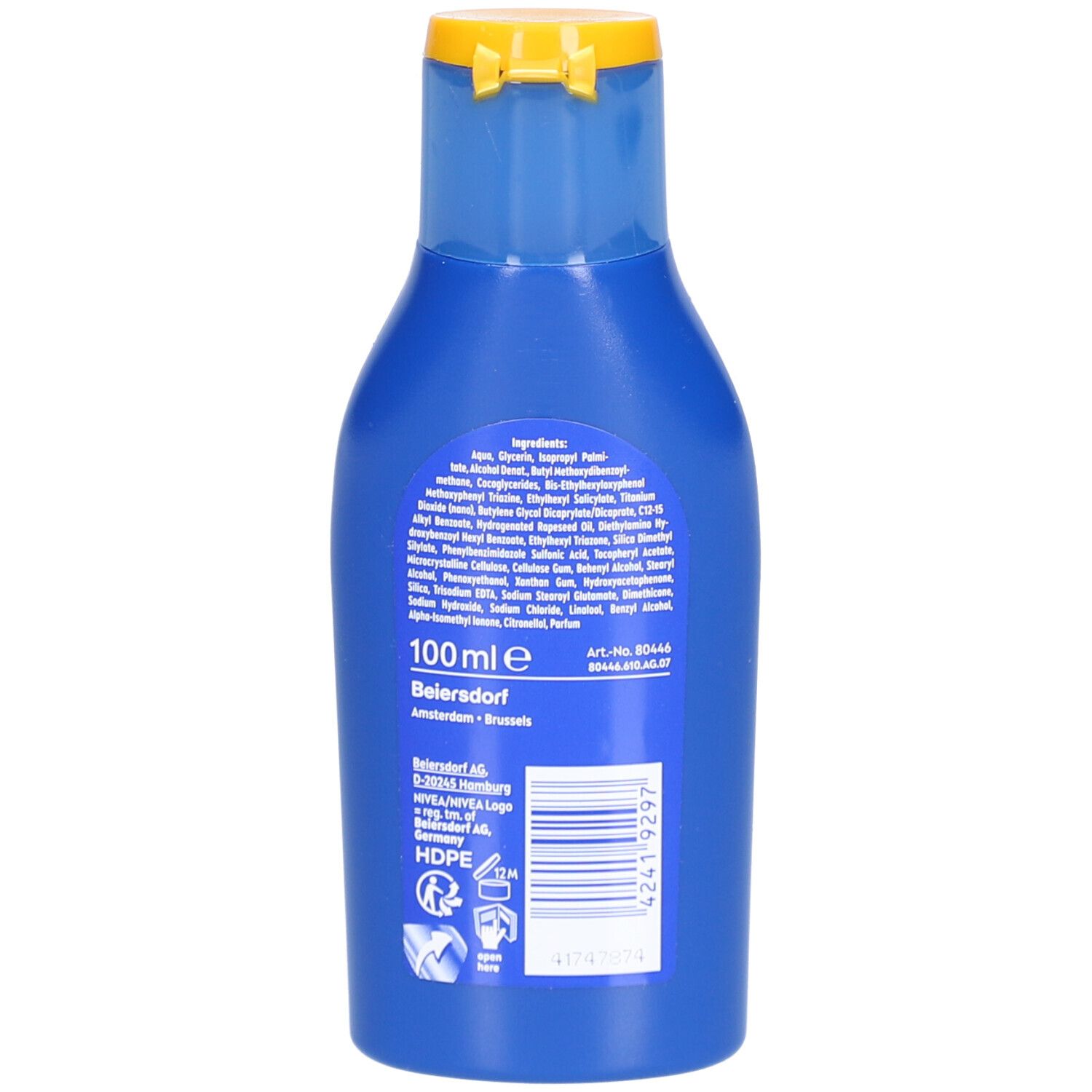 Dos d'un flacon bleu. Contient les ingrédients, un code-barres et les informations du fabricant.