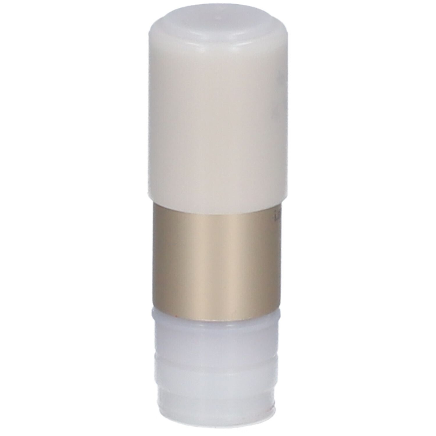 Lippenstift-Nachfüllpackung. Weißer Deckel, goldener Mittelteil, unterer Teil transparent.